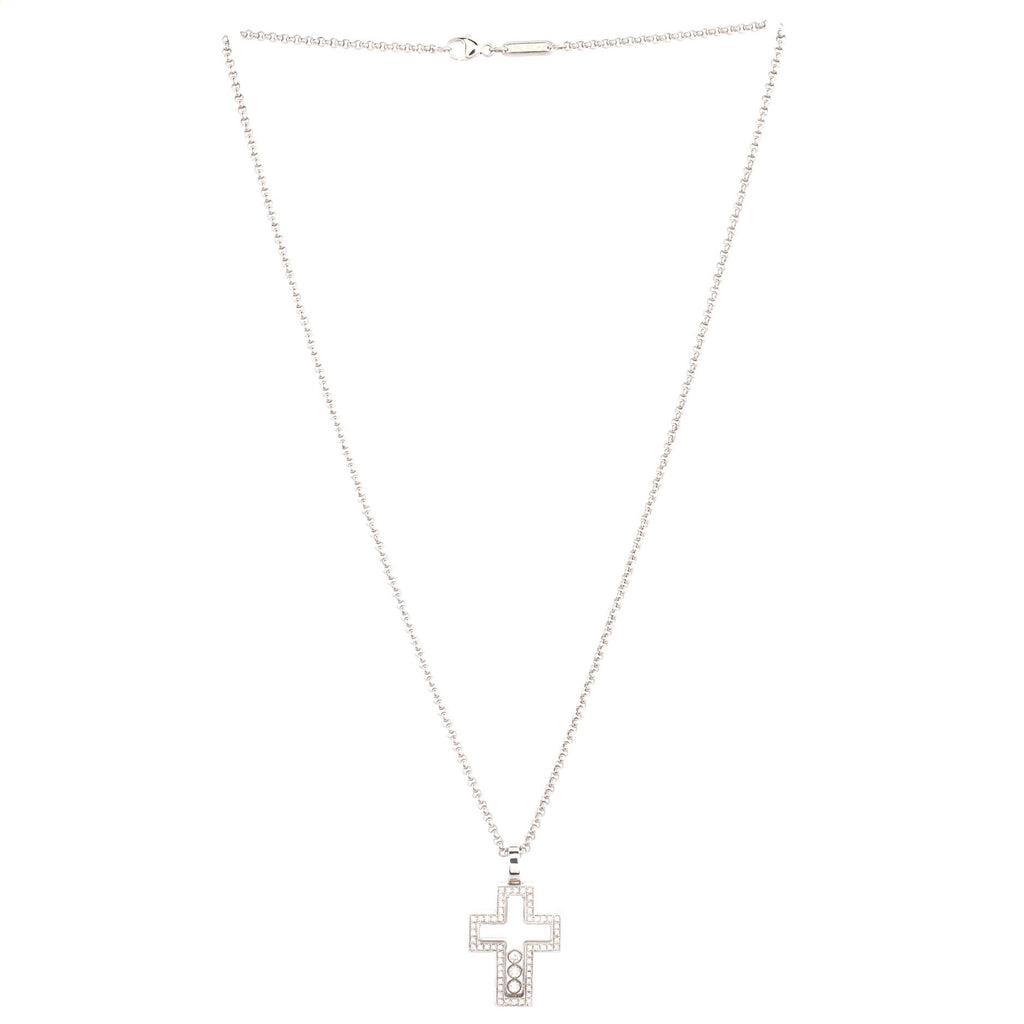 Happy 3 Diamonds Cross Pendant Necklace 18K White Gold with Floating Diamonds and Pave Diamonds