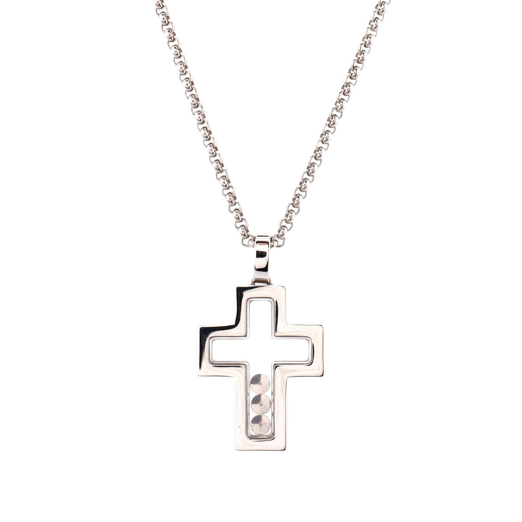 Happy 3 Diamonds Cross Pendant Necklace 18K White Gold with Floating Diamonds and Pave Diamonds