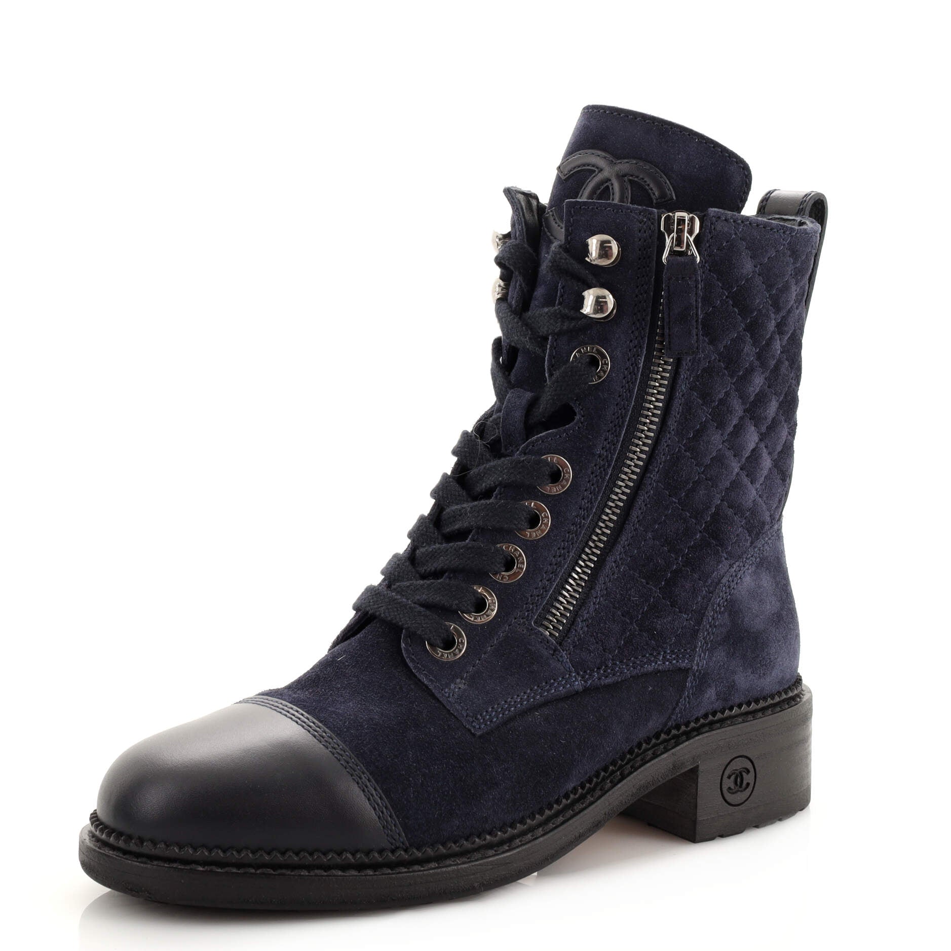 Women's CC Cap Toe Combat Boots Quilted Suede with Leather