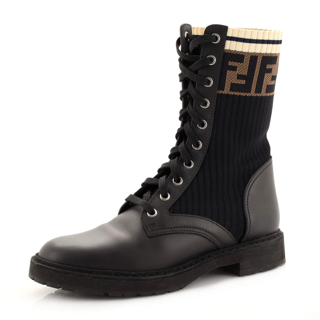 Women's Rockoko Combat Boots Leather with Knit Stretch Fabric and Zucca Trim