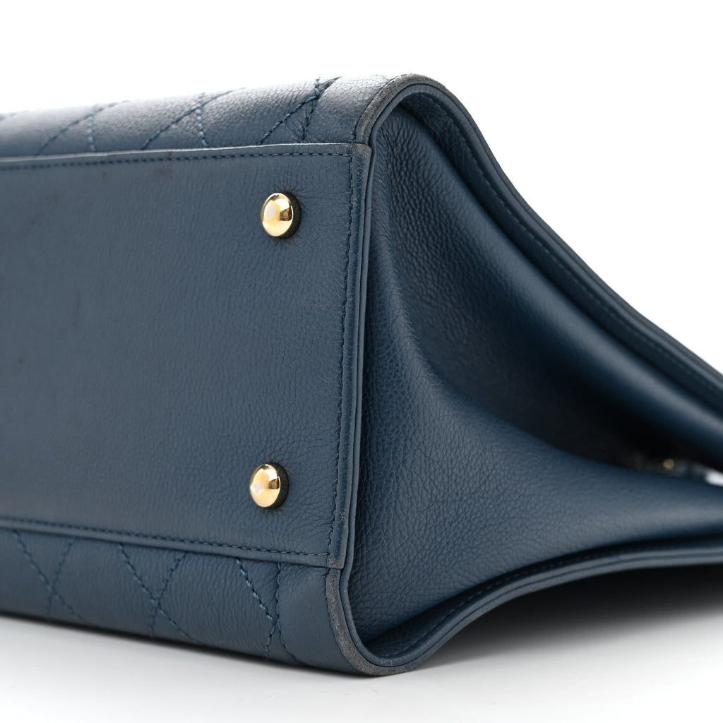 Grained Calfskin Stitched Large Label  Shopper Tote Blue