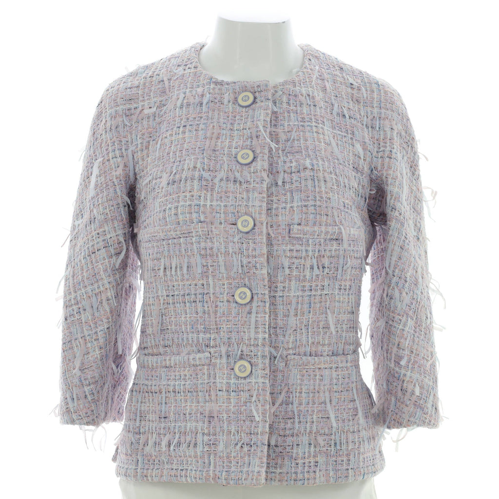 Women's Four Pocket Collarless Jacket Tweed with Ribbon