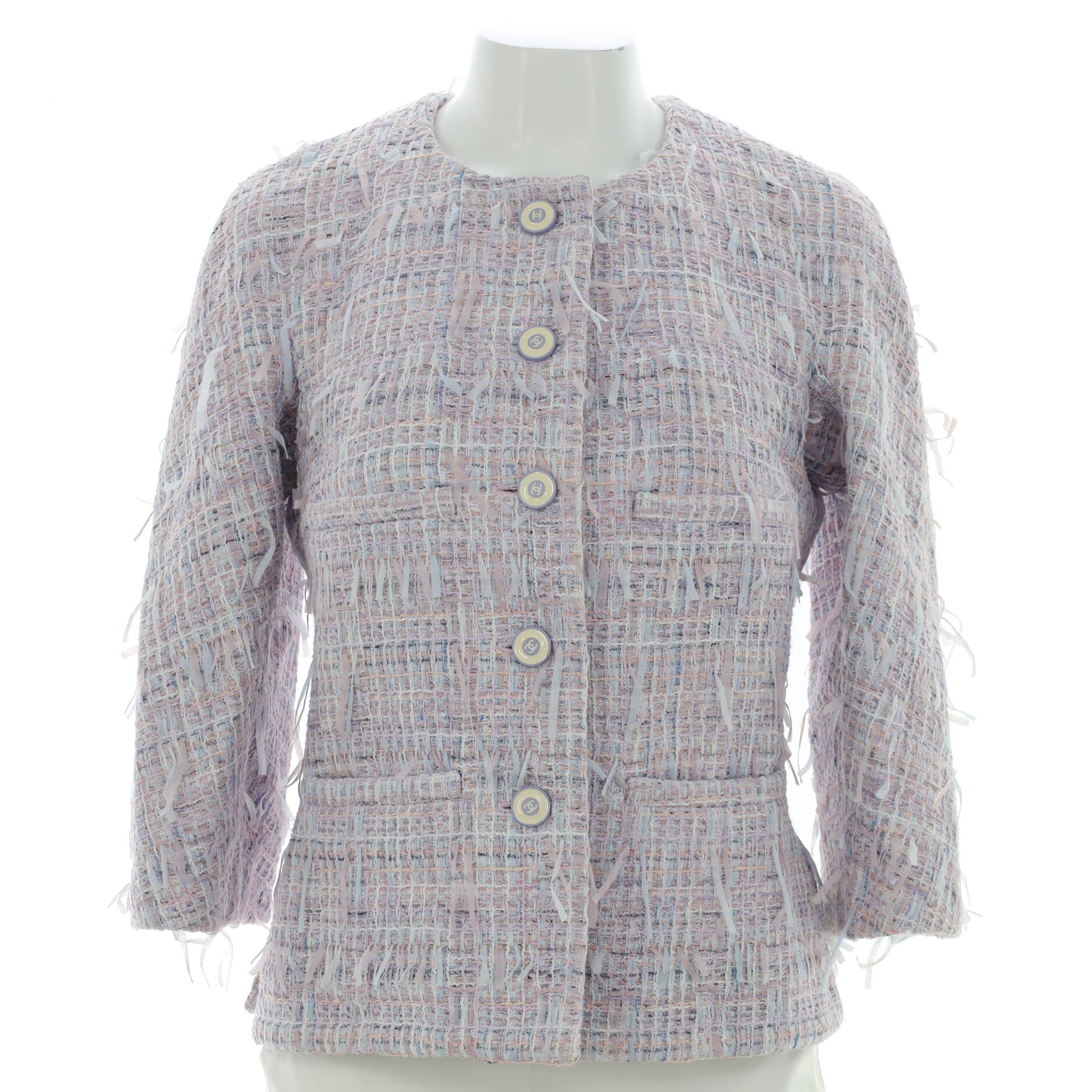 Women's Four Pocket Collarless Jacket Tweed with Ribbon