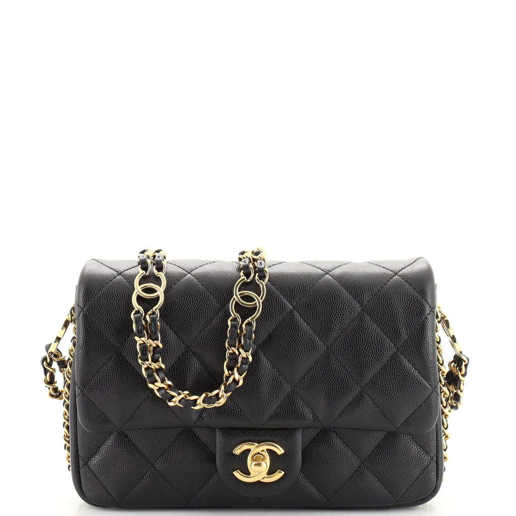 CC Double Chain Strap Flap Bag Quilted Caviar Mini