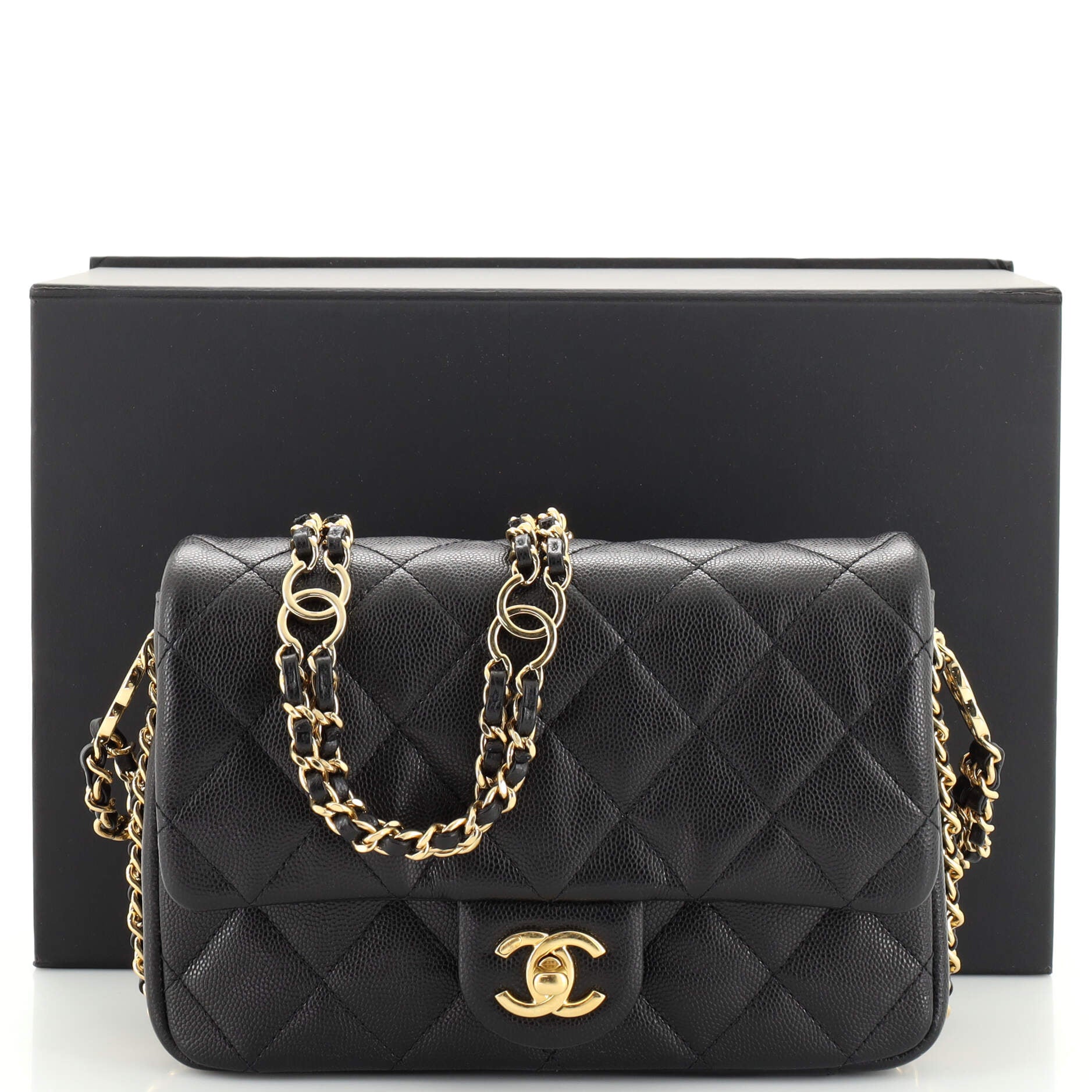 CC Double Chain Strap Flap Bag Quilted Caviar Mini