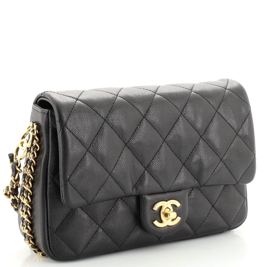 CC Double Chain Strap Flap Bag Quilted Caviar Mini