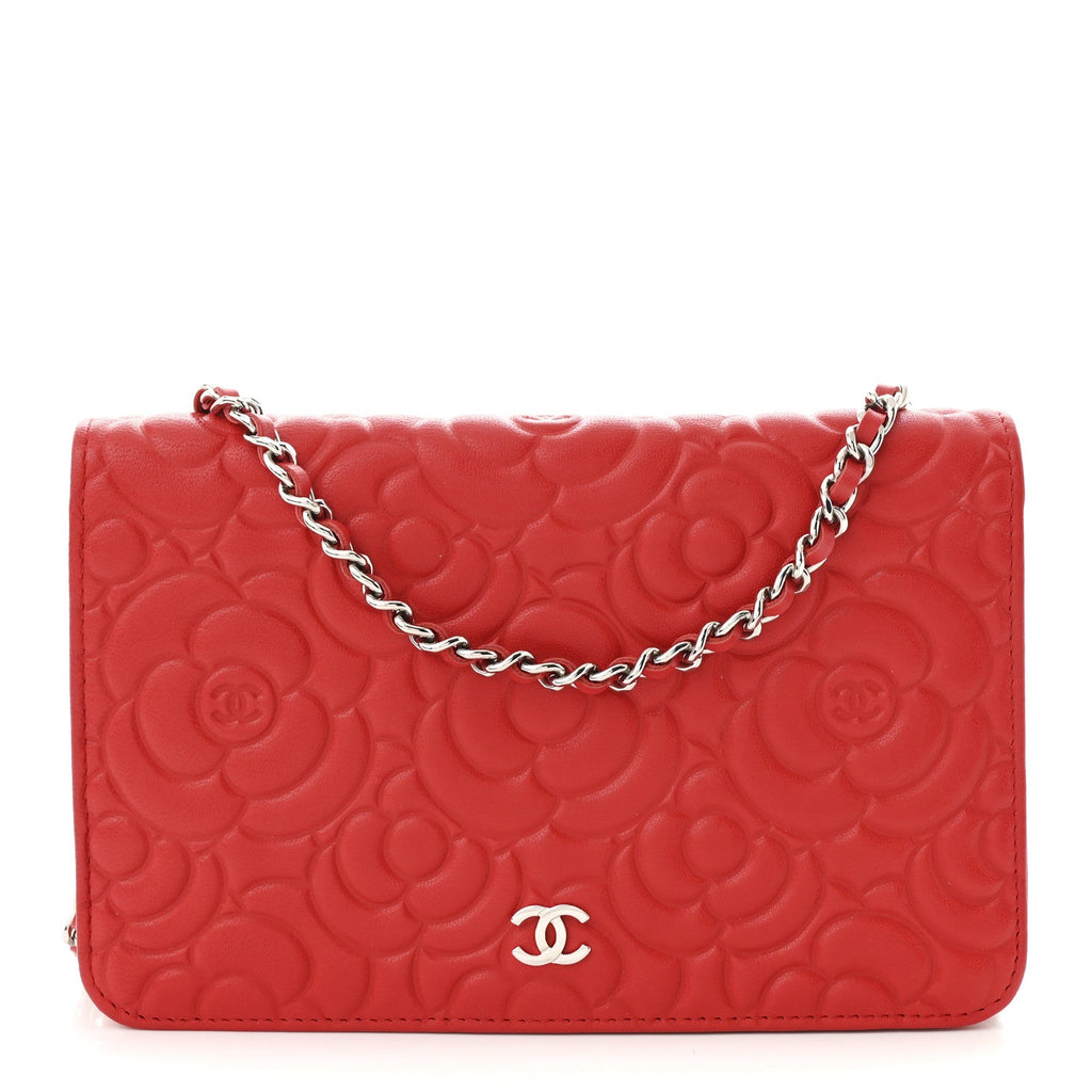 Lambskin Camellia Embossed Wallet on Chain WOC Red