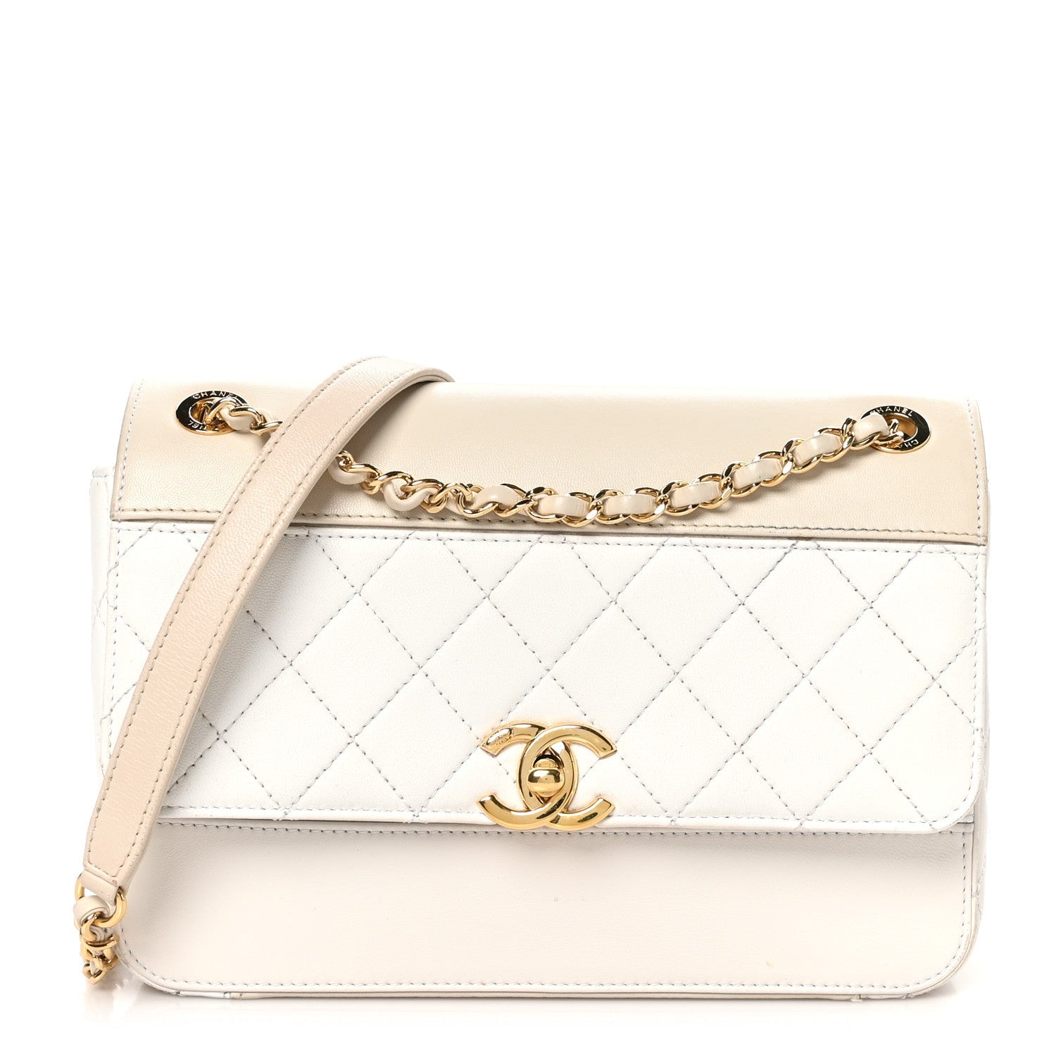 Lambskin Calfskin Quilted Shoulder Flap Bag Beige White
