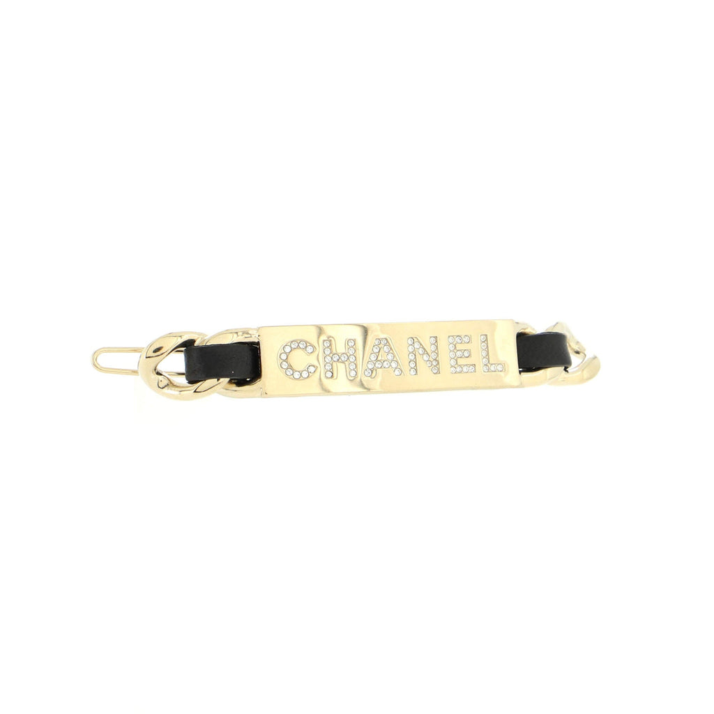 Logo Hair Barrette Metal with Leather and Crystals