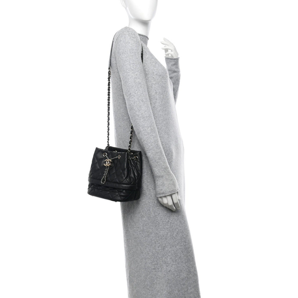 Caviar Quilted Rolled Up Bucket Drawstring Bag Black