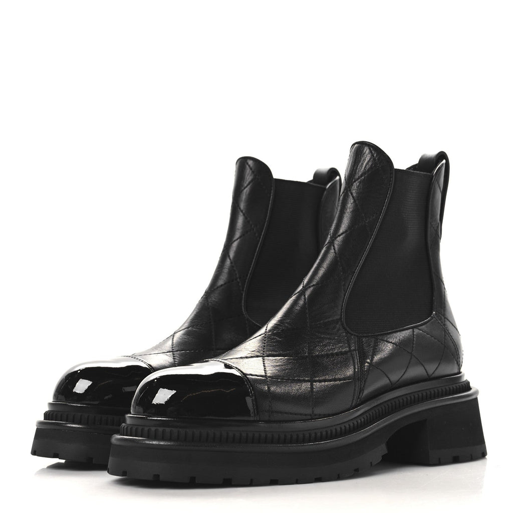 Calfskin Patent Cap Toe Quilted Short Boots 37 Black