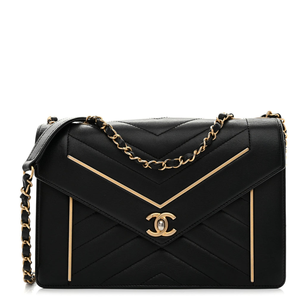 Lambskin Reversed Chevron Quilted Flap Black