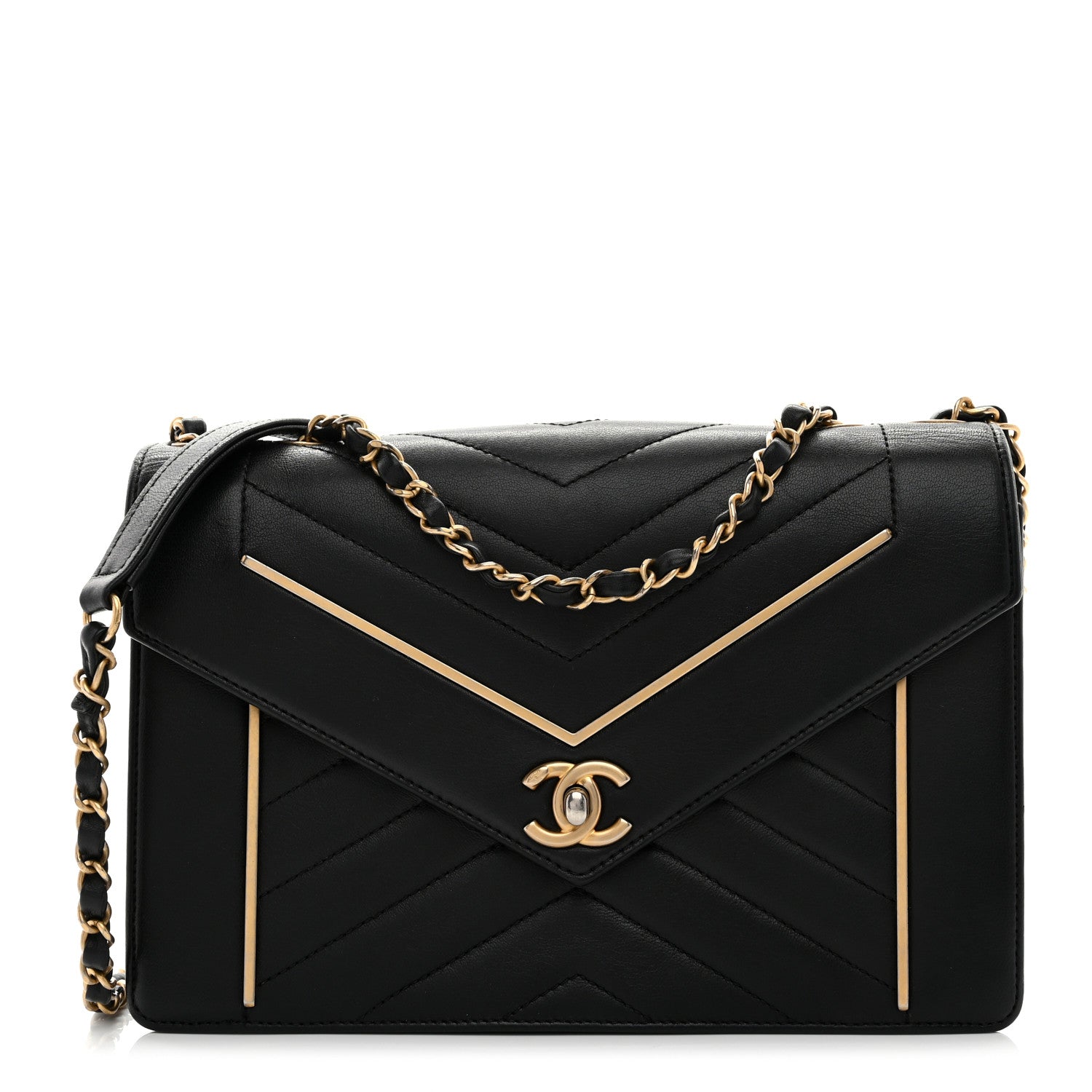 Lambskin Reversed Chevron Quilted Flap Black