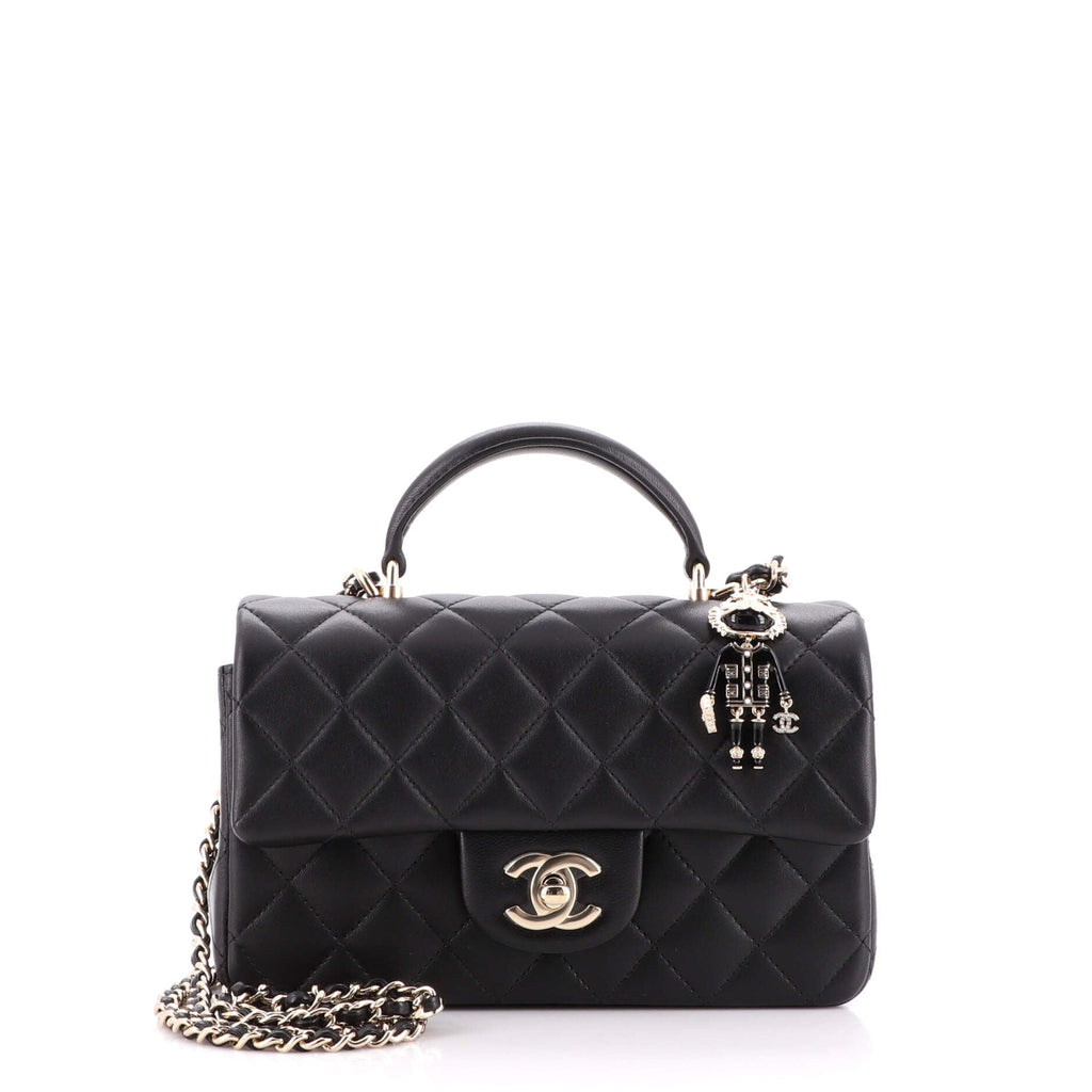 Classic Single Flap Top Handle Bag Quilted Lambskin with Lion Charm Mini