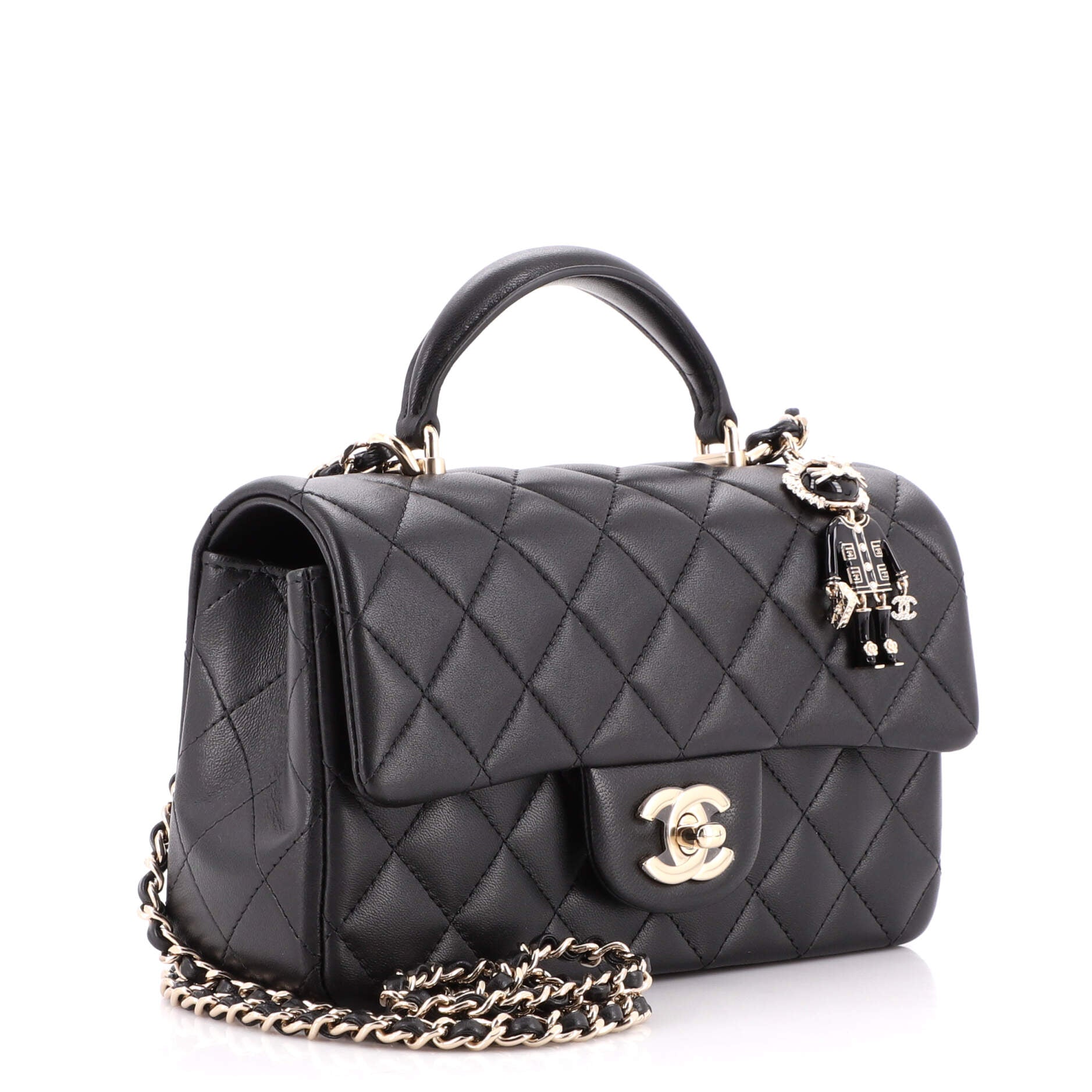 Classic Single Flap Top Handle Bag Quilted Lambskin with Lion Charm Mini