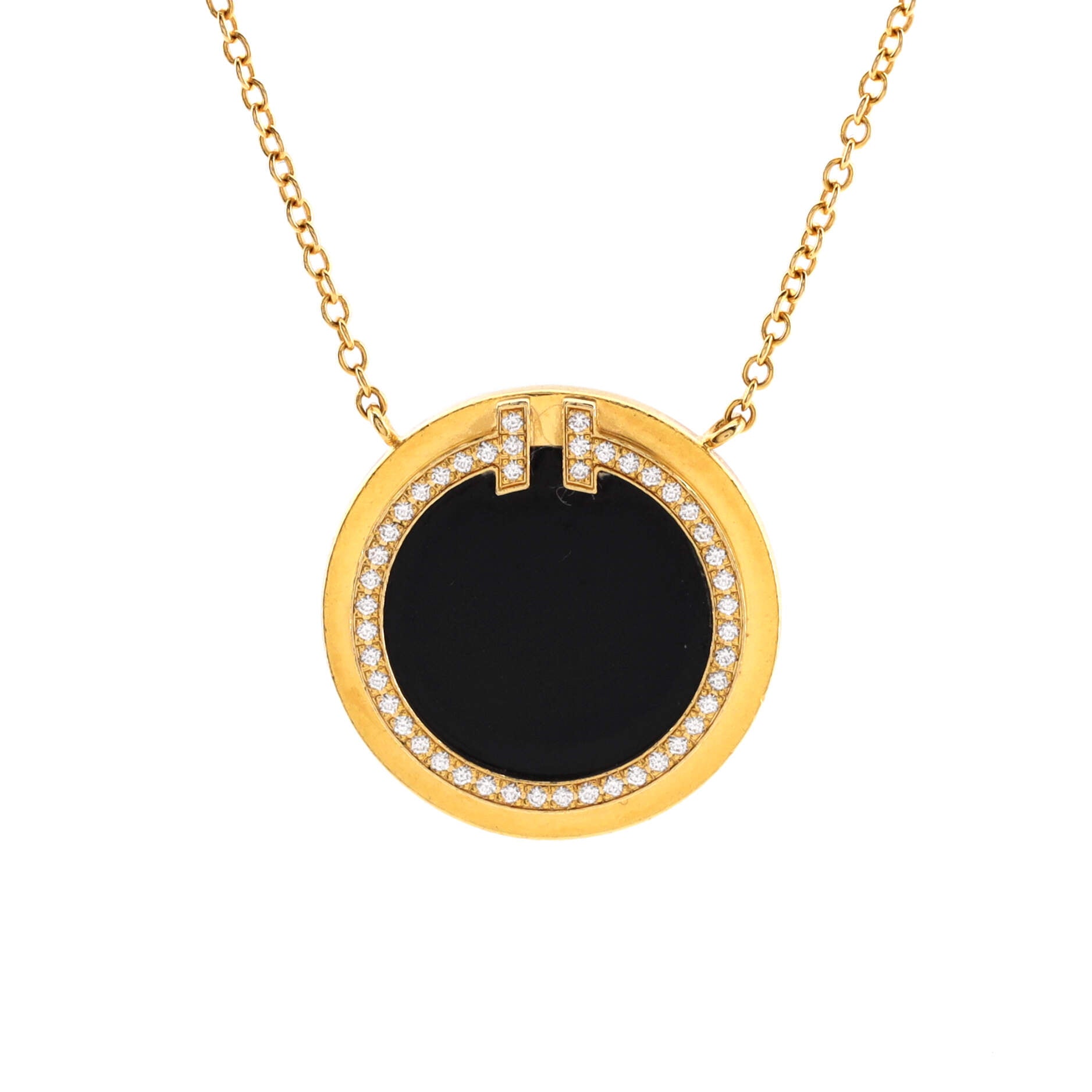 T Circle Pendant Necklace 18K Yellow Gold with Onyx and Diamonds Large