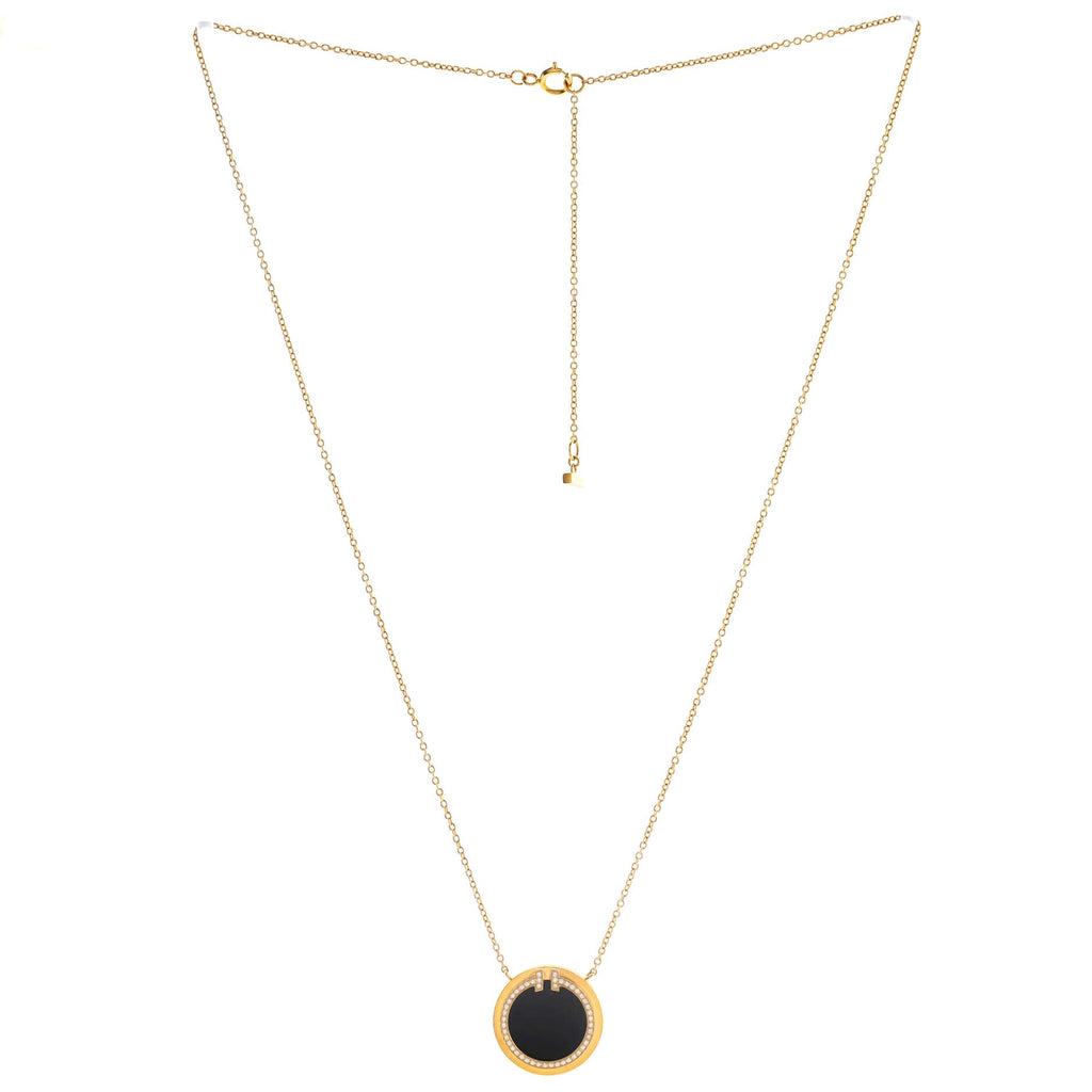 T Circle Pendant Necklace 18K Yellow Gold with Onyx and Diamonds Large