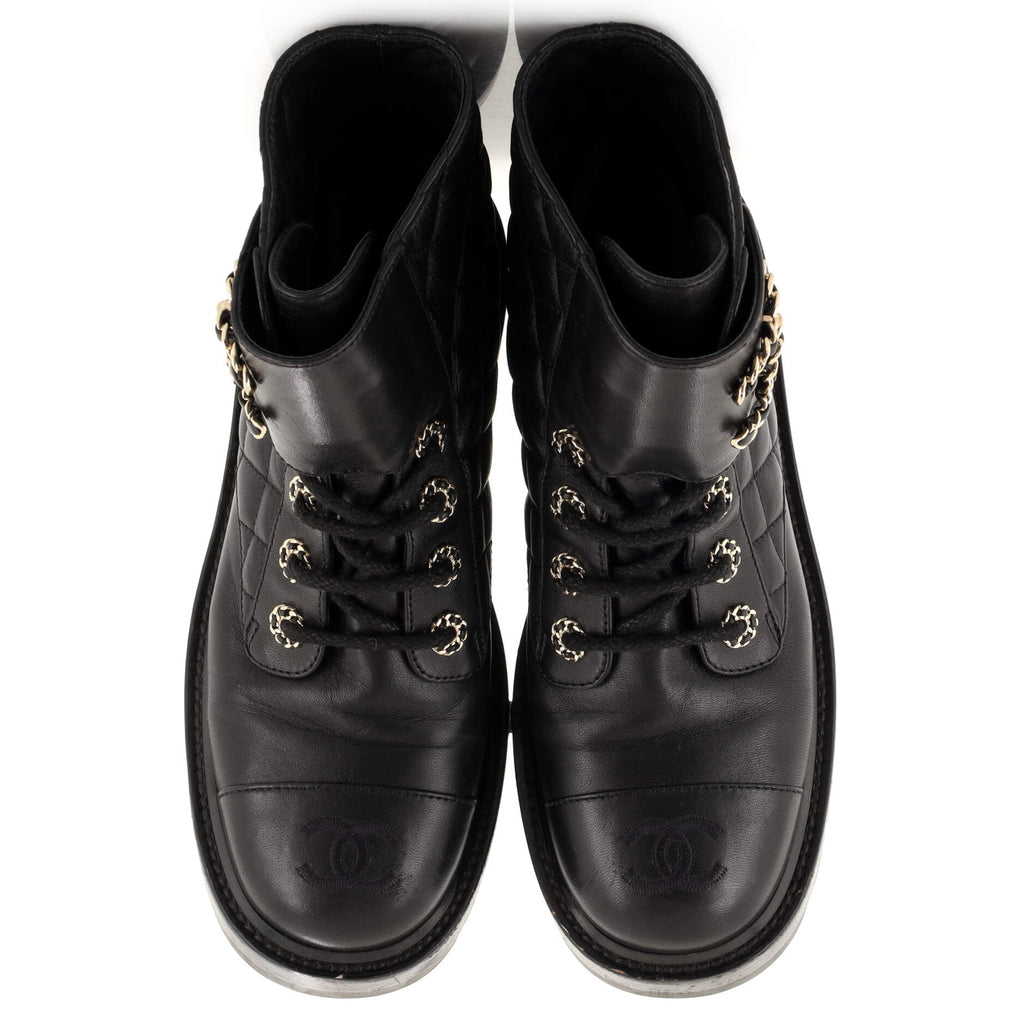 Women's Chain CC Cap Toe Lace Up Combat Boots Quilted Leather