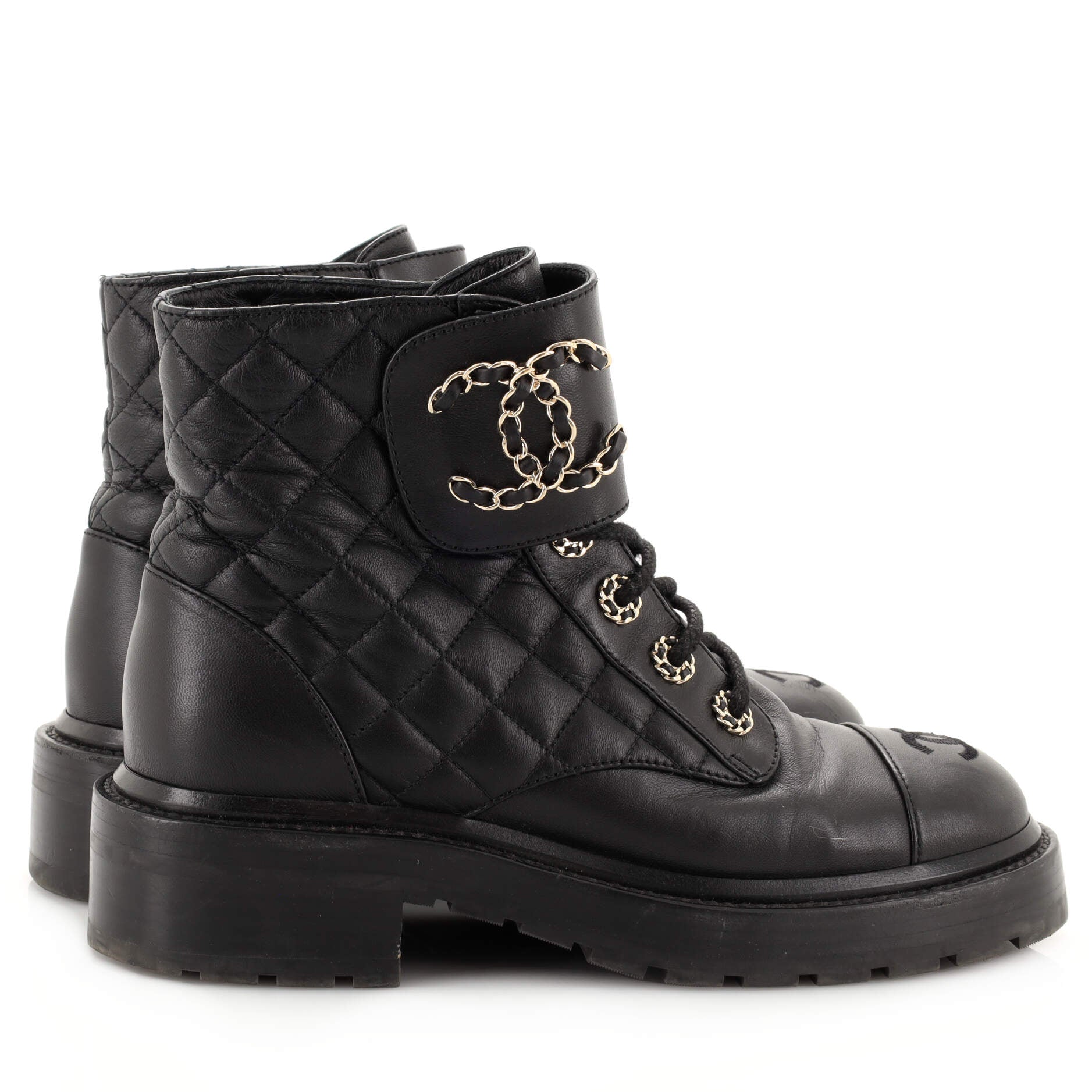 Women's Chain CC Cap Toe Lace Up Combat Boots Quilted Leather
