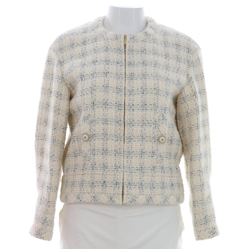 Women's CC Button Zip Up Collarless Jacket Tweed