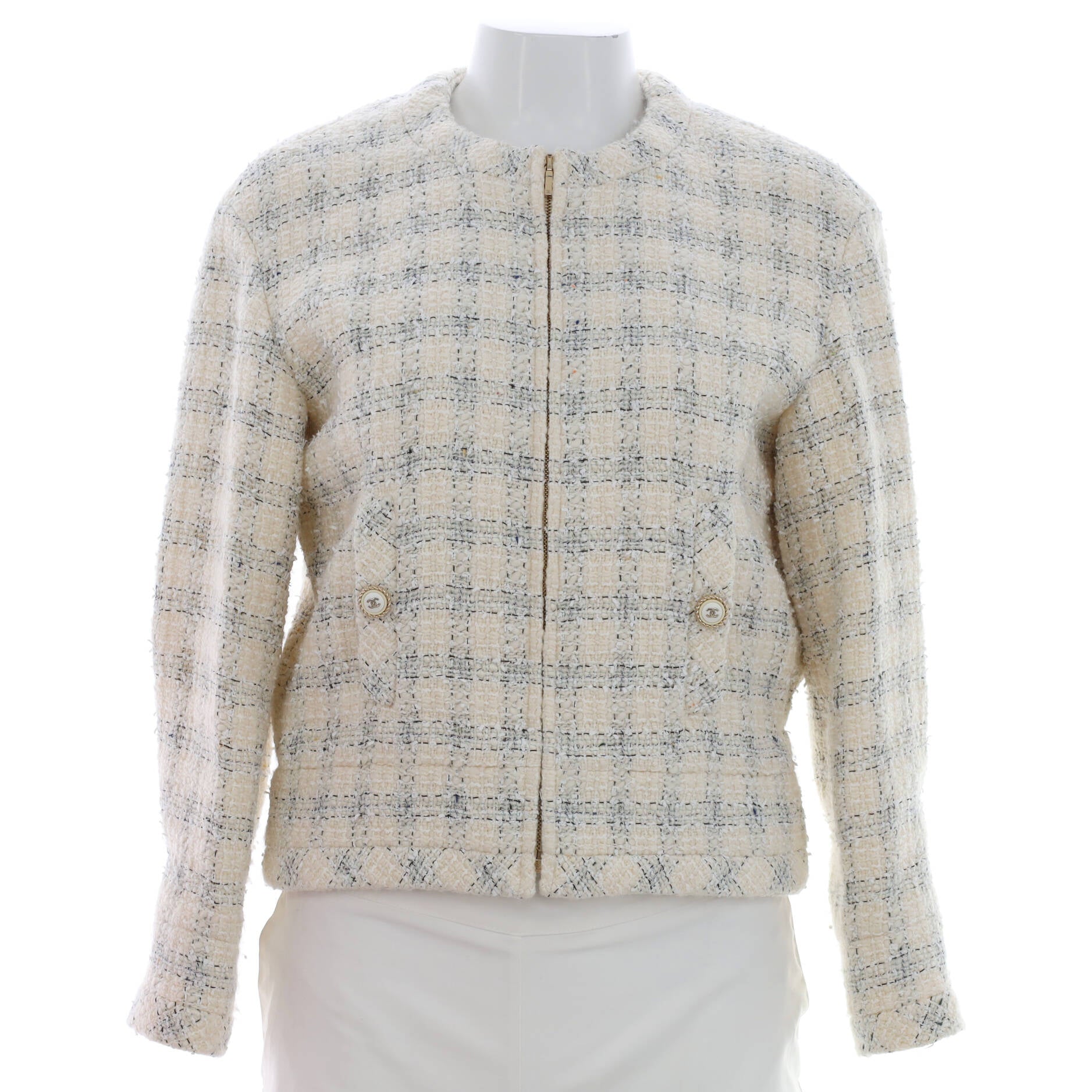 Women's CC Button Zip Up Collarless Jacket Tweed