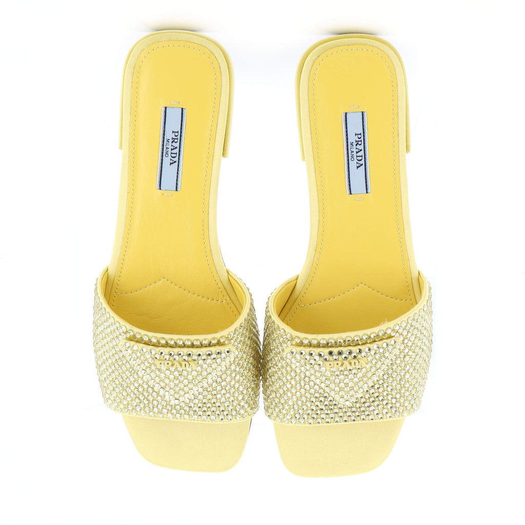 Women's Triangle Logo Slide Sandals Crystal Embellished Satin