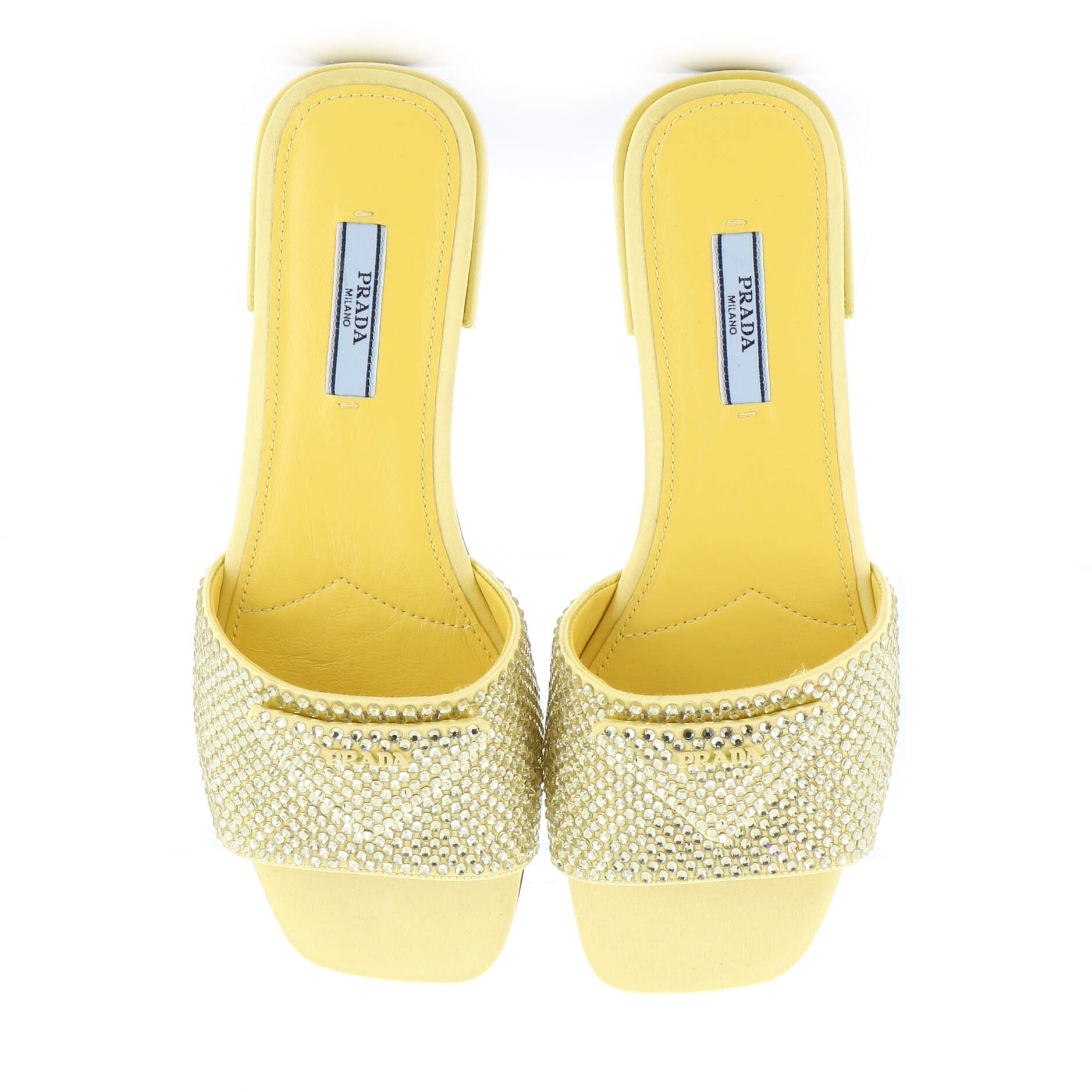 Women's Triangle Logo Slide Sandals Crystal Embellished Satin