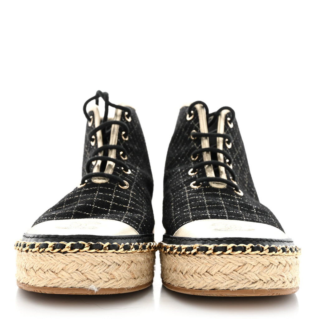 Tweed Lambskin Chain Lace Up High Top Espadrille Sneakers 36 Black Gold