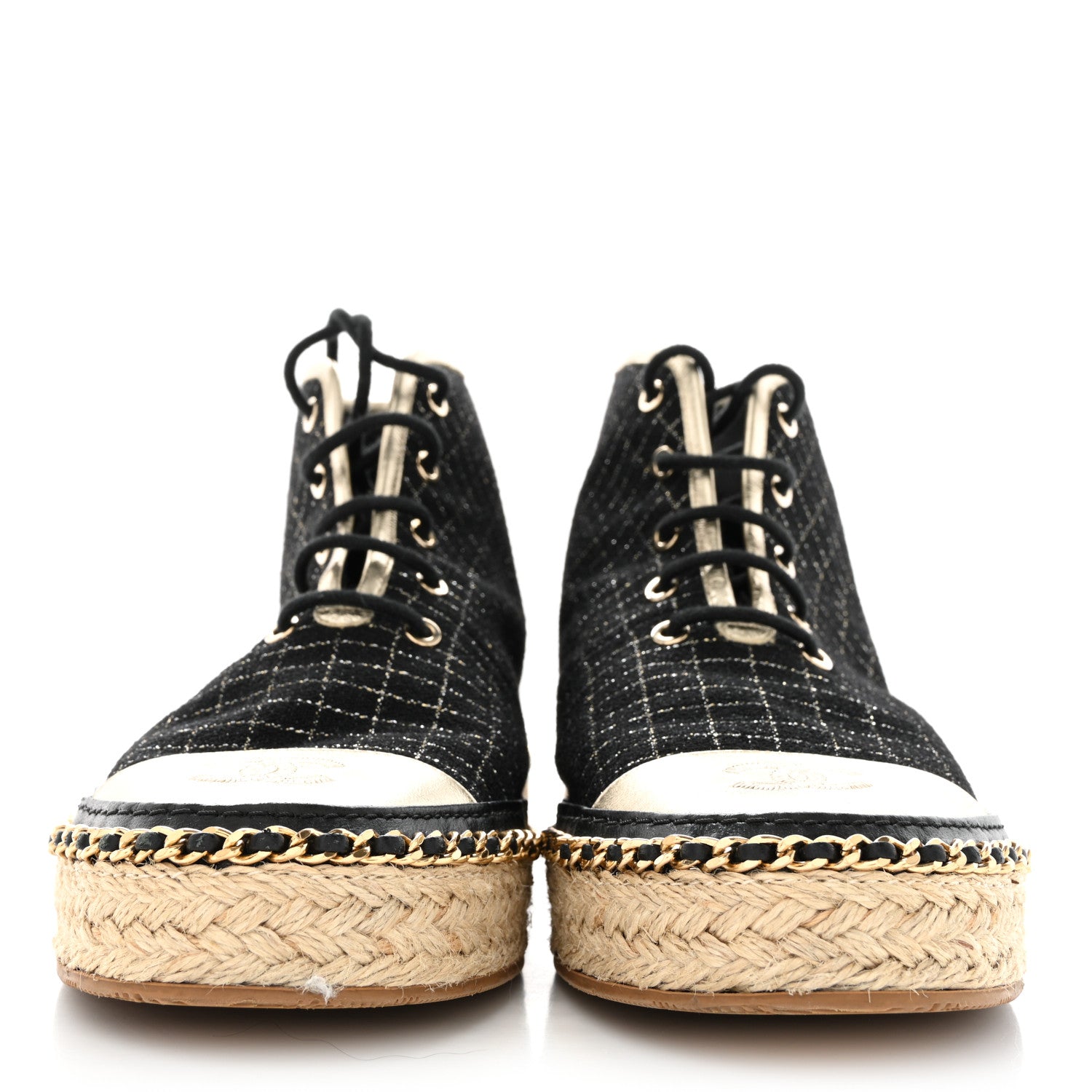 Tweed Lambskin Chain Lace Up High Top Espadrille Sneakers 36 Black Gold
