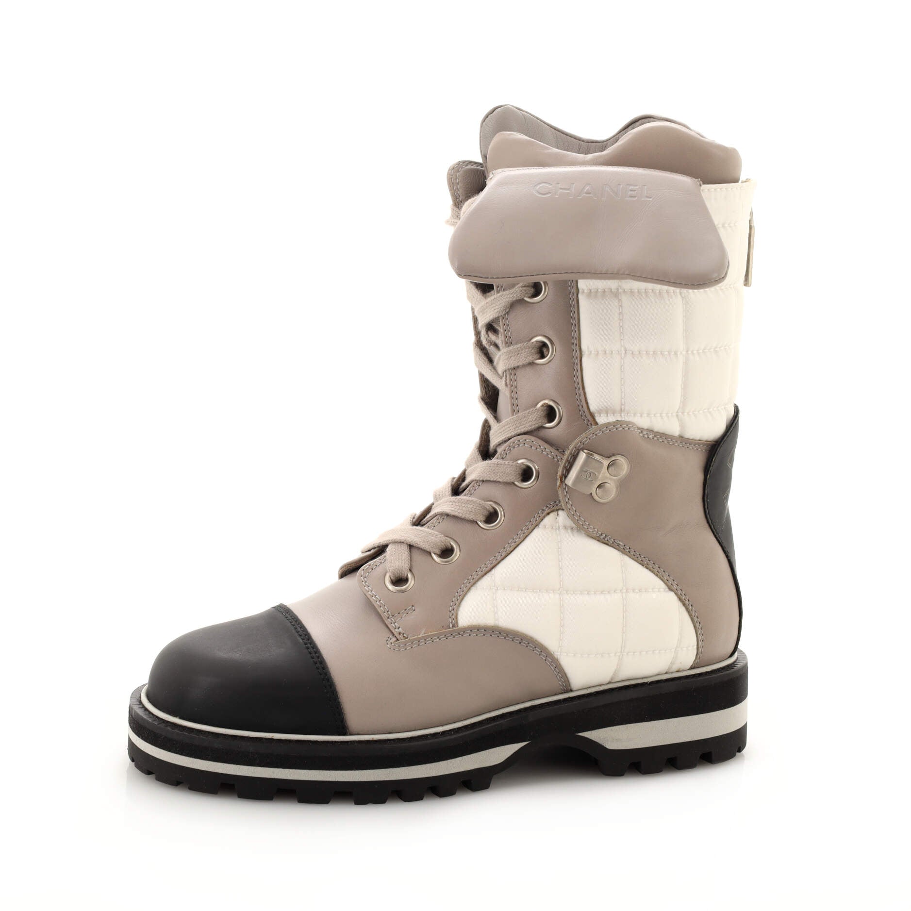 Women's CC Chocolate Bar Lace Up Winter Boots Quilted Nylon and Leather