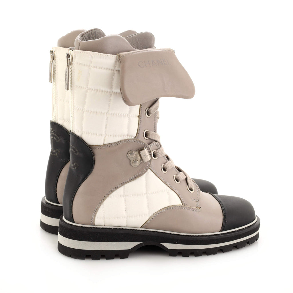 Women's CC Chocolate Bar Lace Up Winter Boots Quilted Nylon and Leather