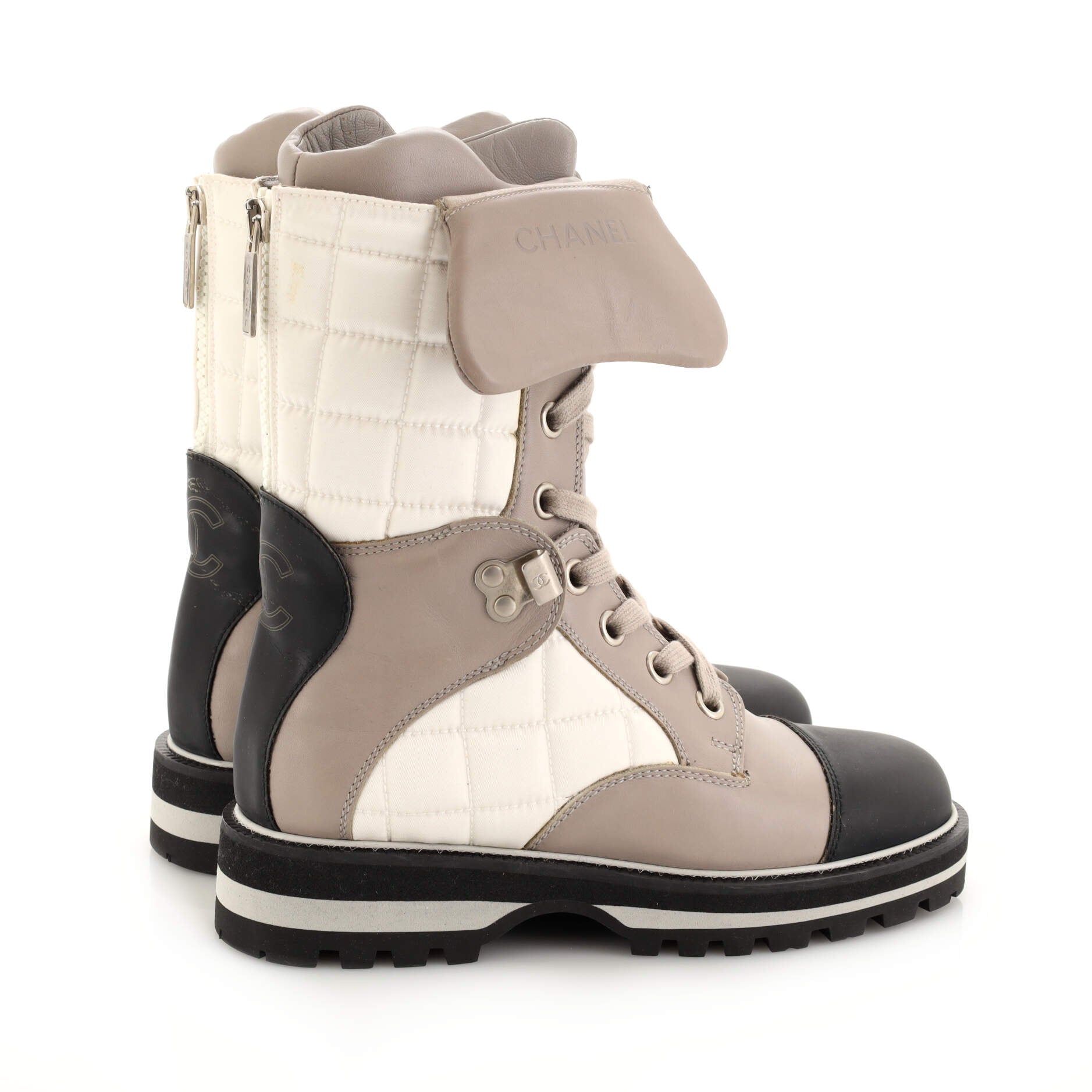 Women's CC Chocolate Bar Lace Up Winter Boots Quilted Nylon and Leather