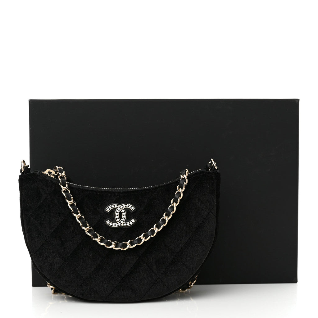 Velvet Crystal Quilted Chain Hobo Black