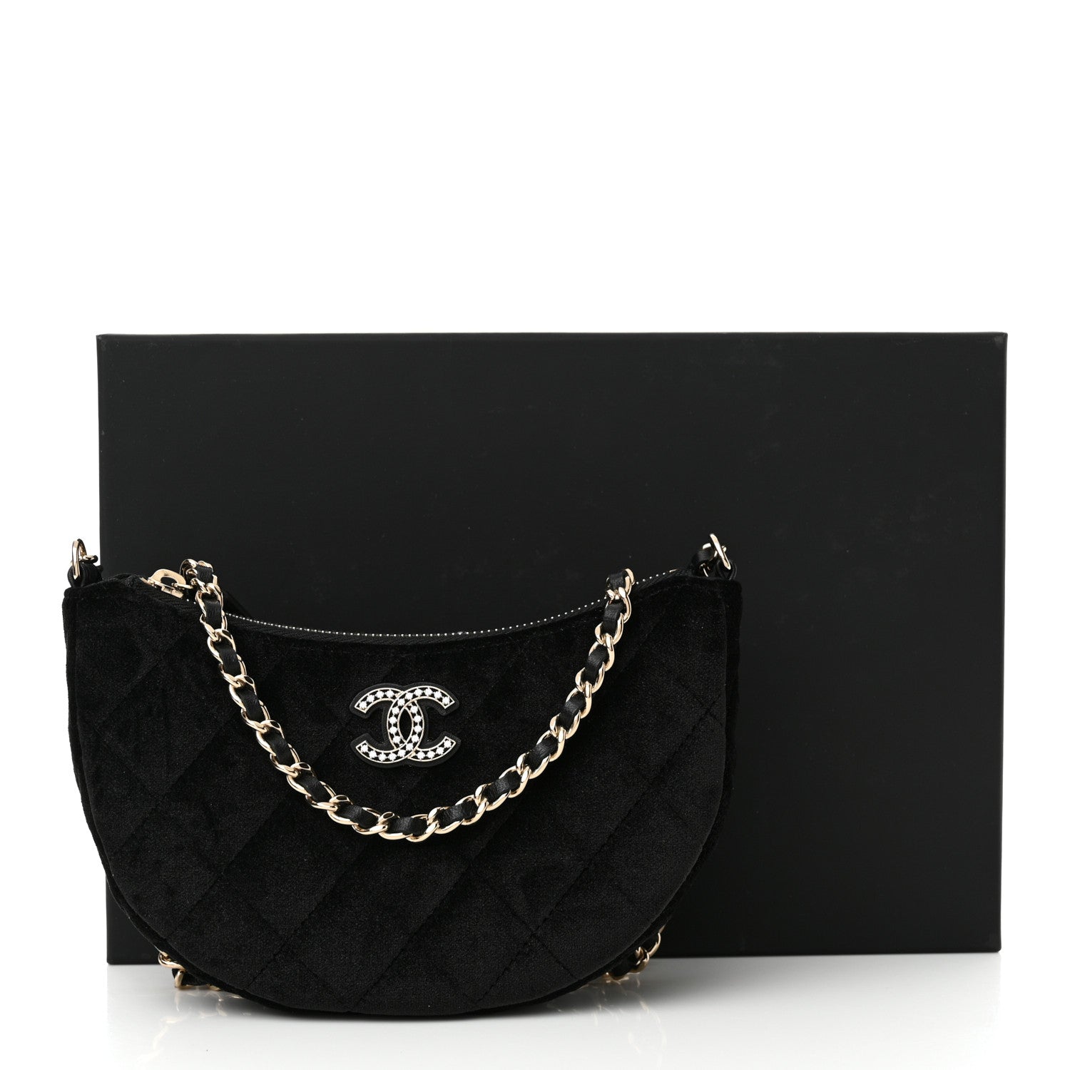 Velvet Crystal Quilted Chain Hobo Black