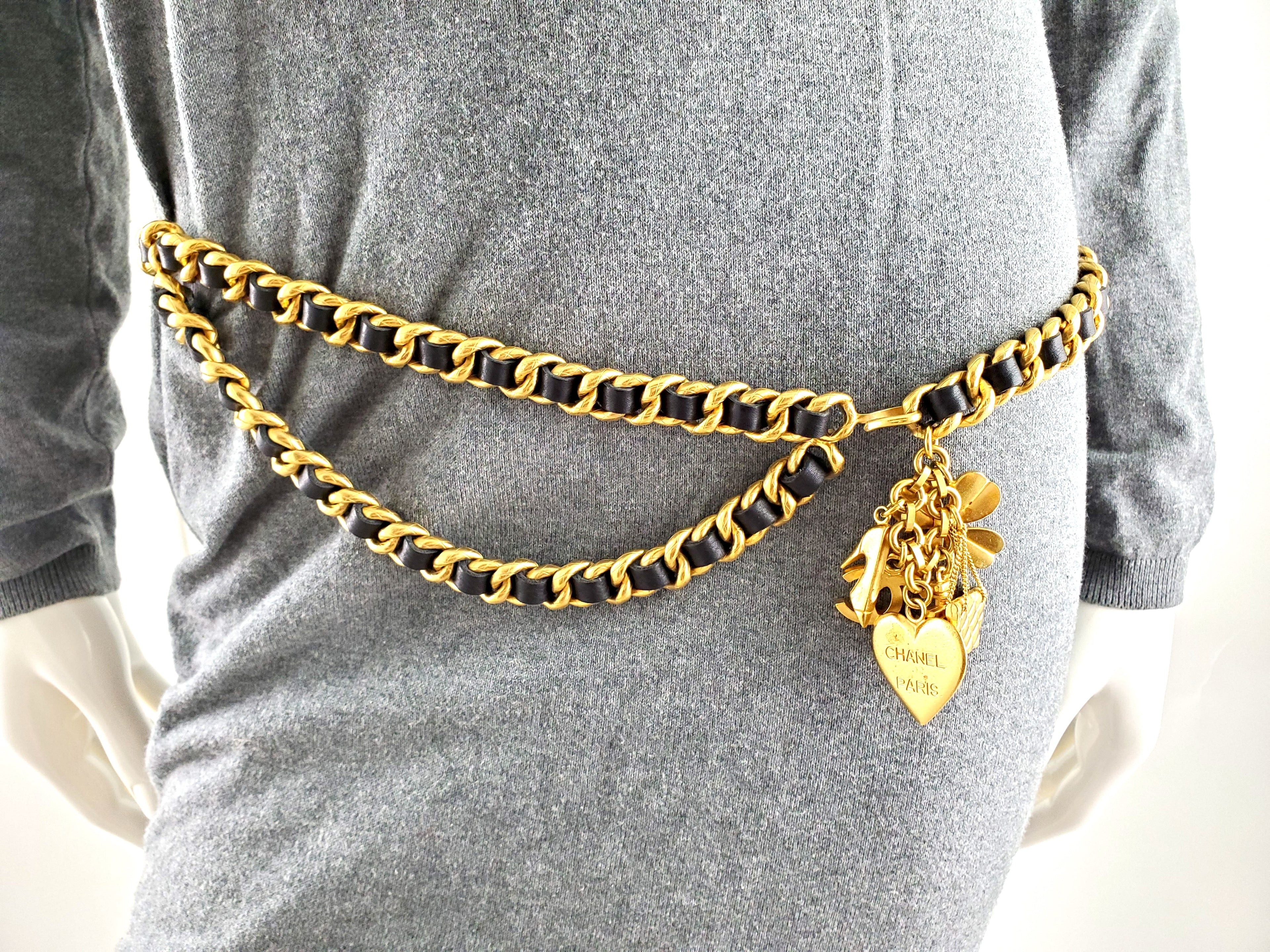 Vintage Chanel Leather Chain Link Gold Logo Charm Belt