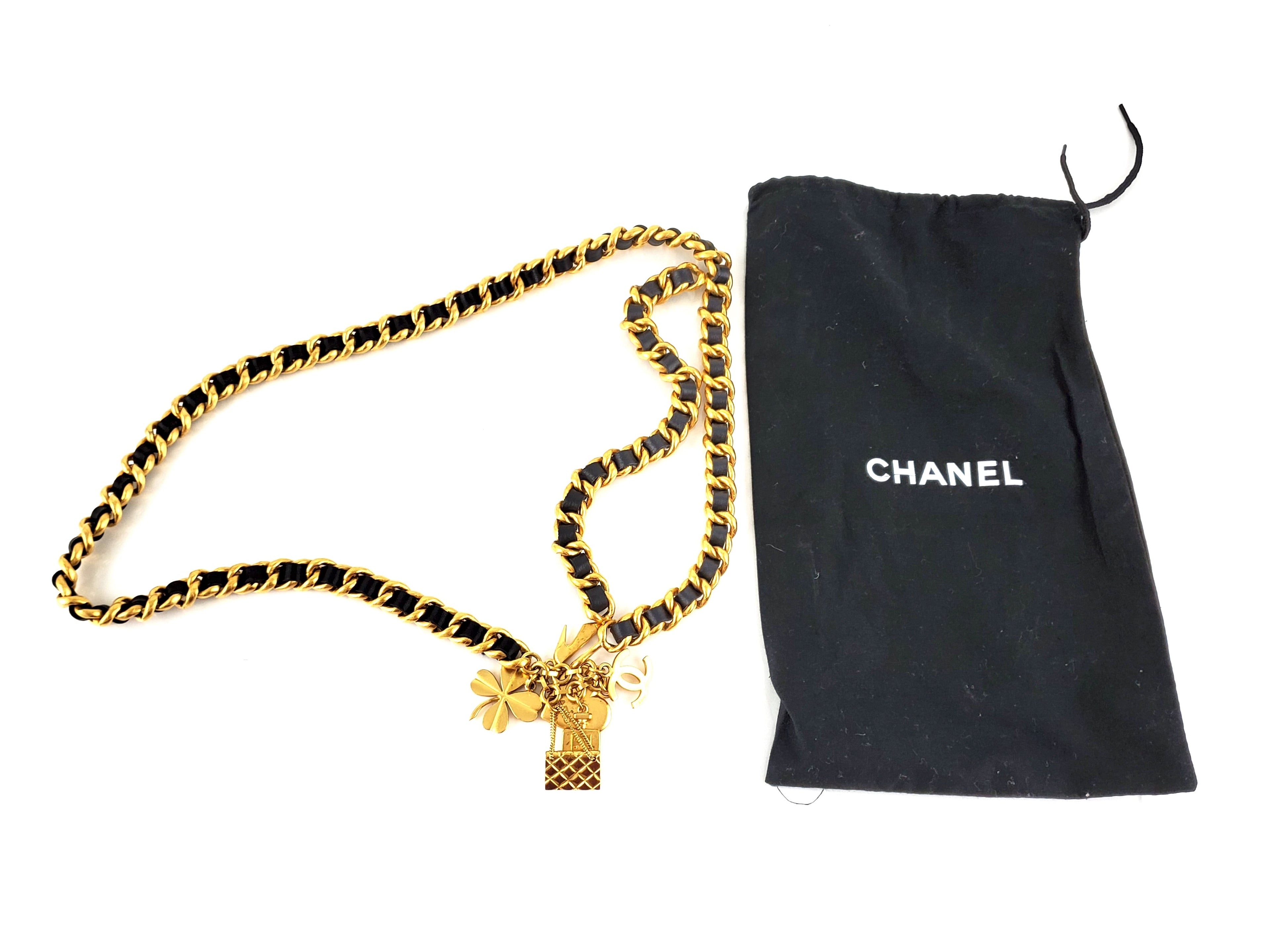 Vintage Chanel Leather Chain Link Gold Logo Charm Belt