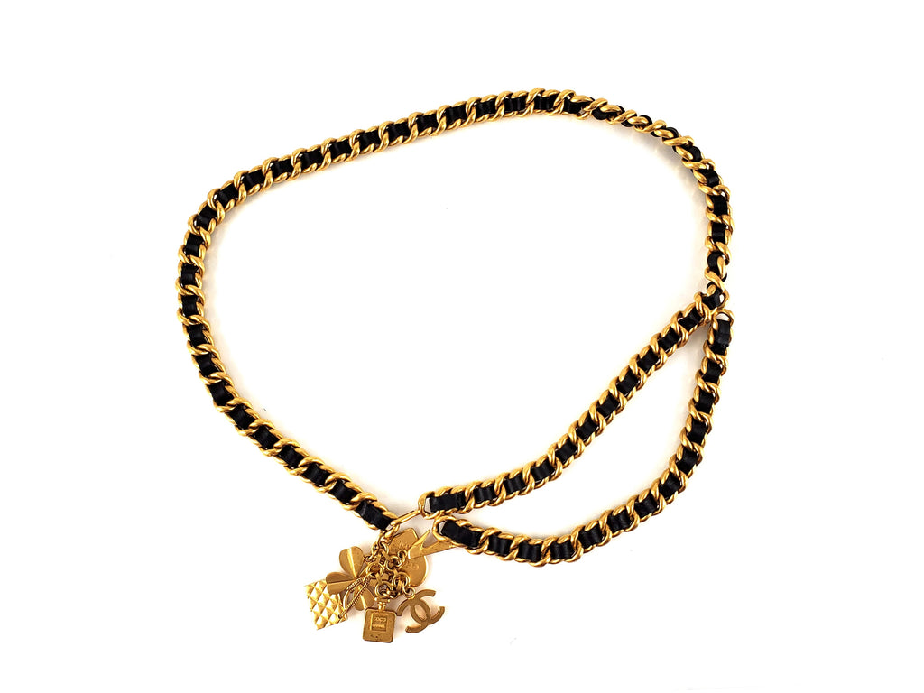 Vintage Chanel Leather Chain Link Gold Logo Charm Belt