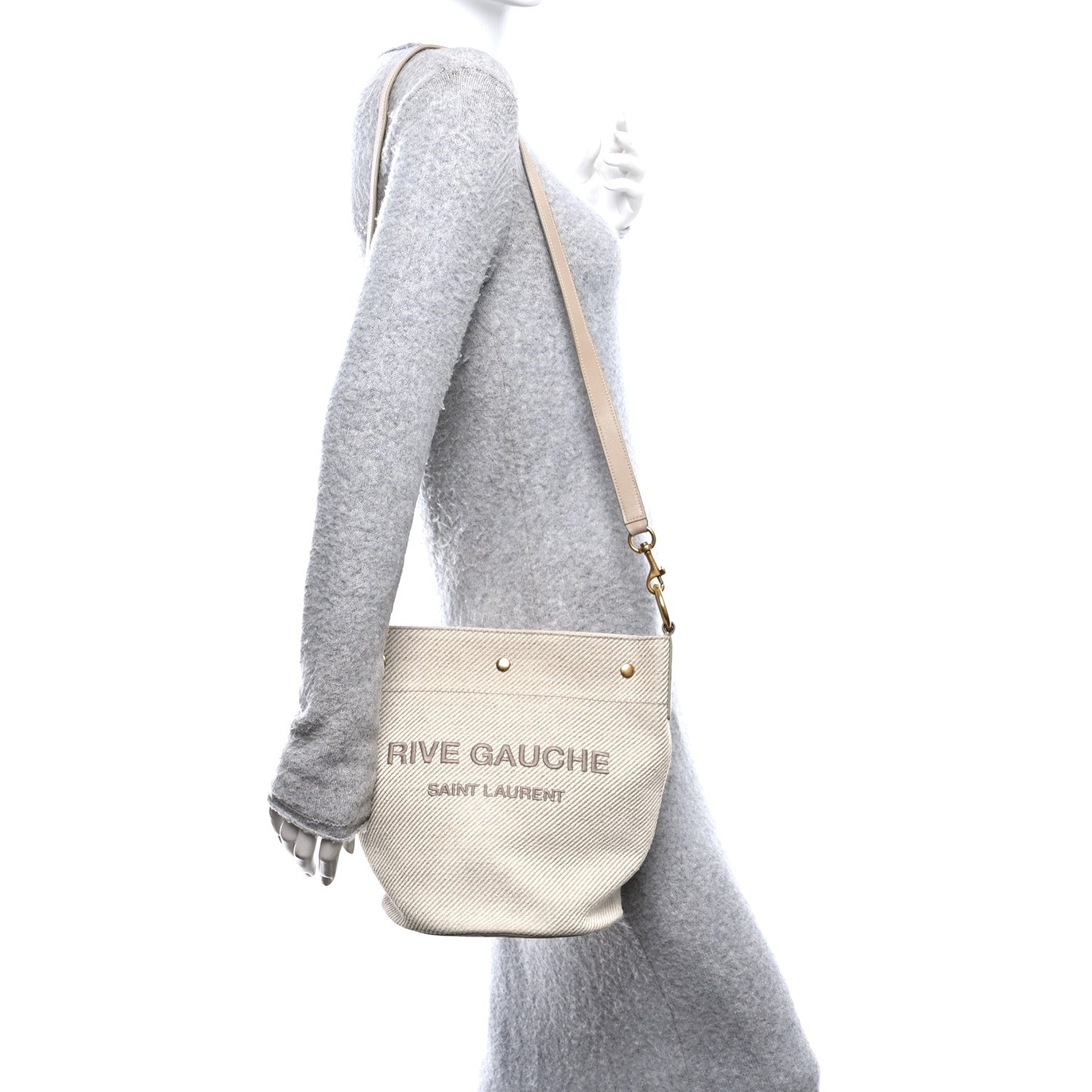 Diagonal Canvas Calfskin Rive Gauche Bucket Bag Beige