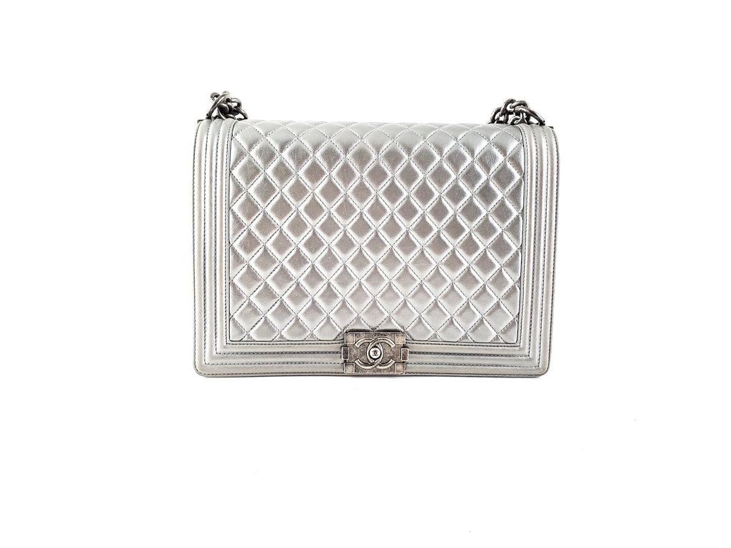 CHANEL Large Metallic Silver Quilted Boy Flap Bag