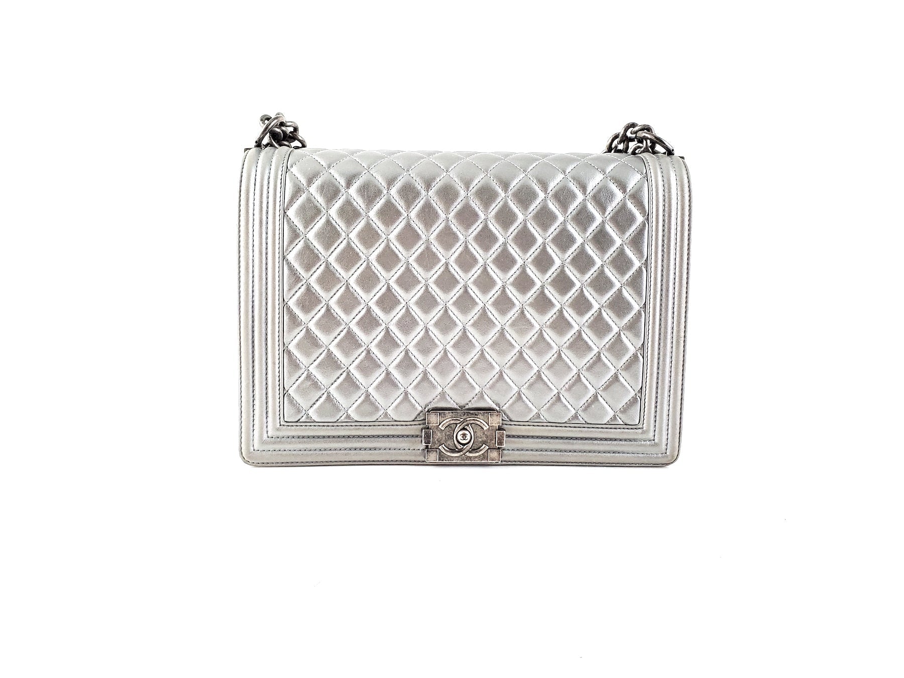 CHANEL Large Metallic Silver Quilted Boy Flap Bag