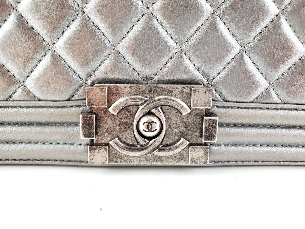 CHANEL Large Metallic Silver Quilted Boy Flap Bag