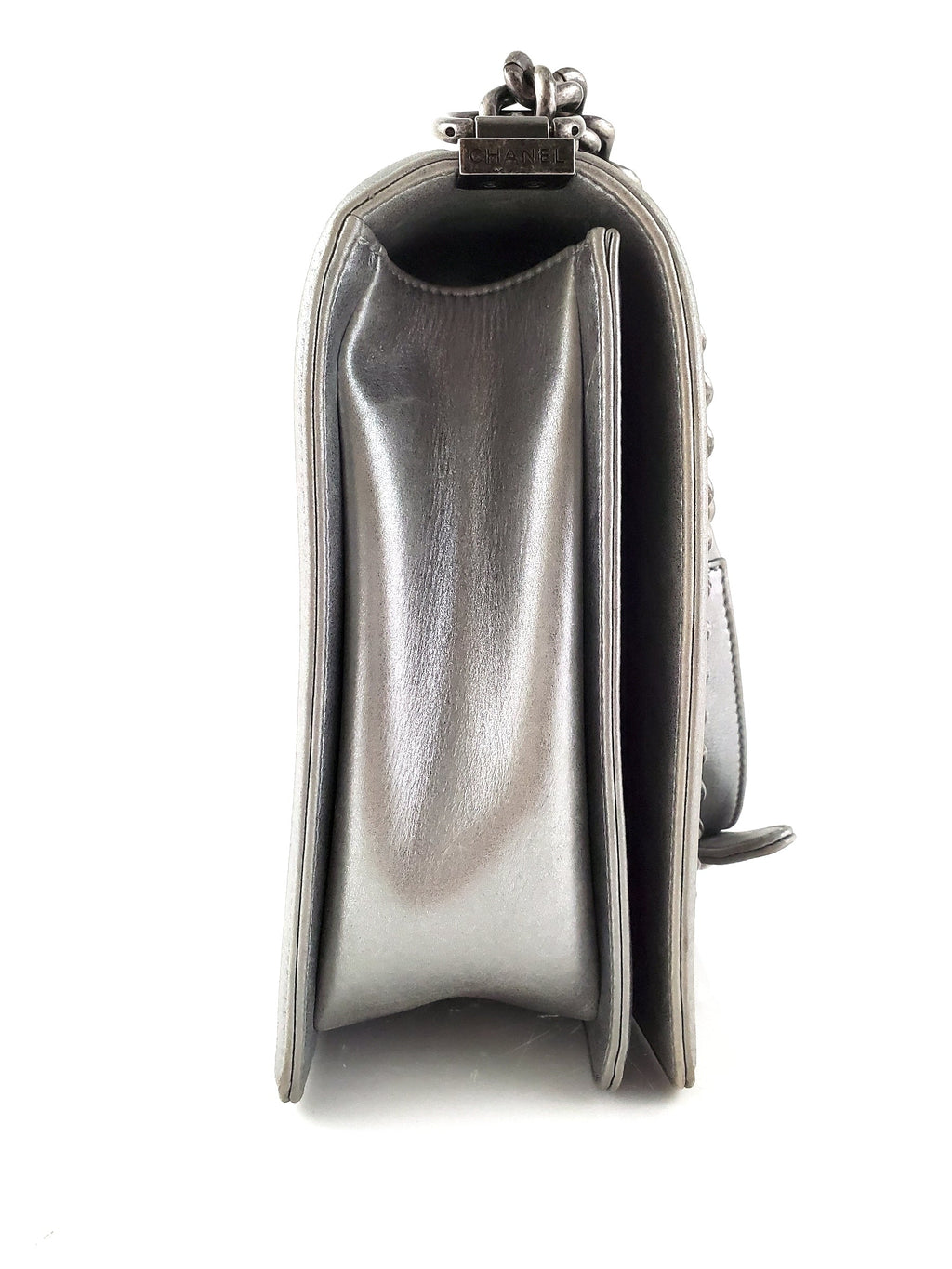 CHANEL Large Metallic Silver Quilted Boy Flap Bag