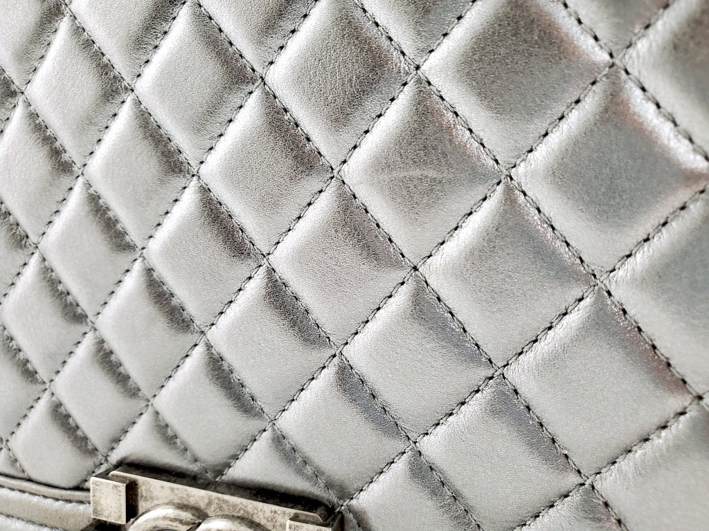 CHANEL Large Metallic Silver Quilted Boy Flap Bag