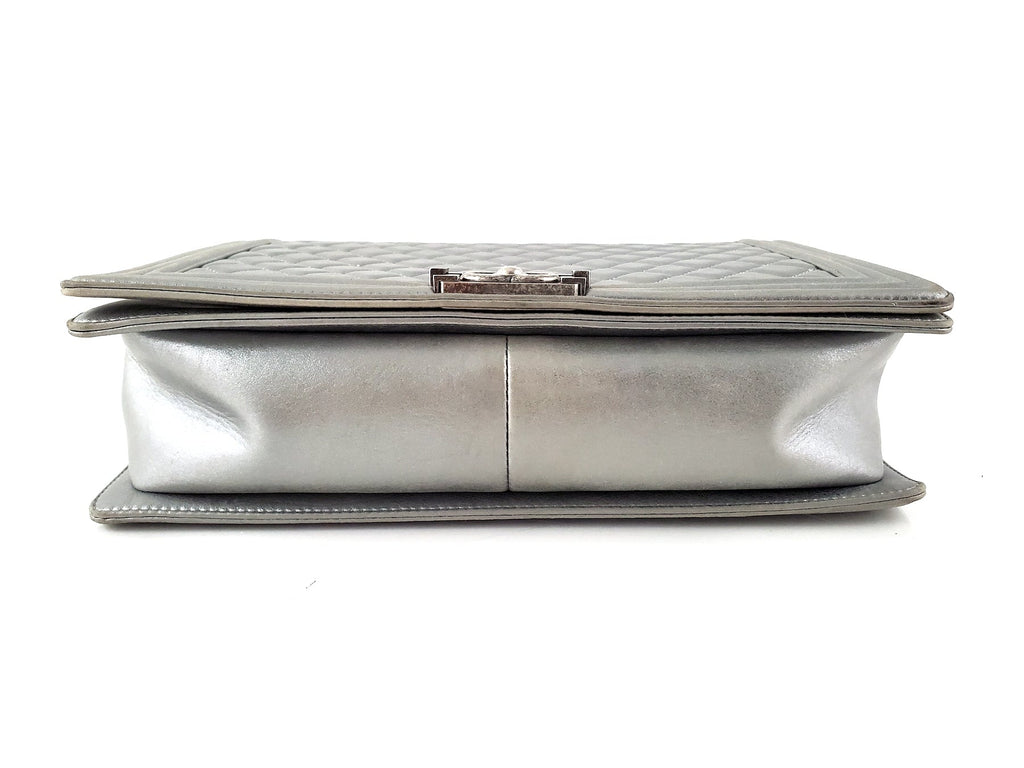 CHANEL Large Metallic Silver Quilted Boy Flap Bag