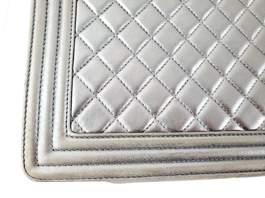 CHANEL Large Metallic Silver Quilted Boy Flap Bag