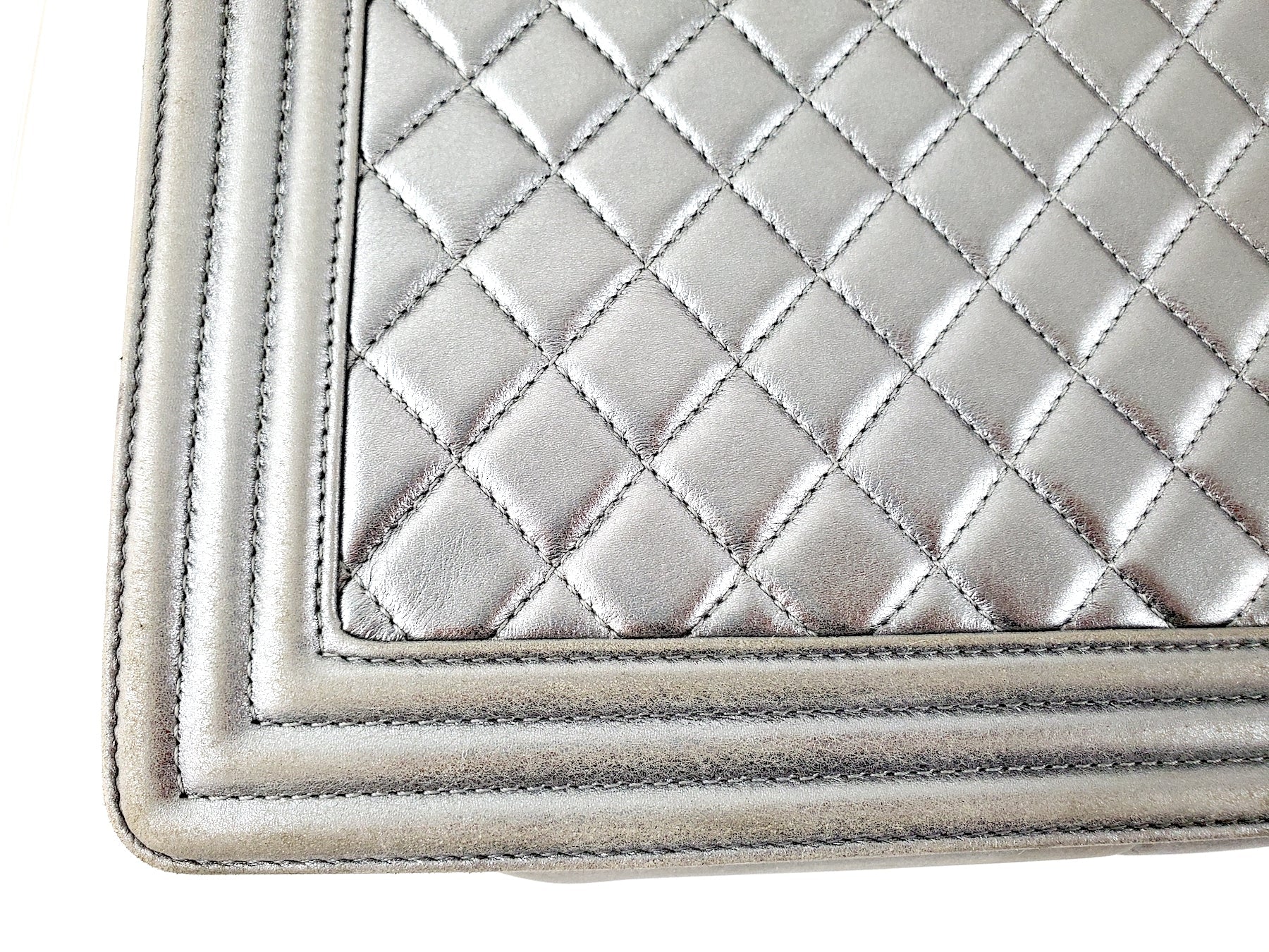 CHANEL Large Metallic Silver Quilted Boy Flap Bag