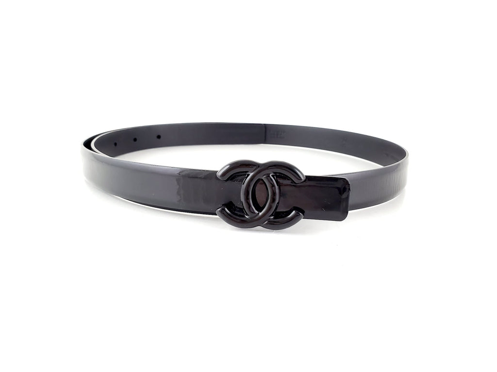 Chanel 2015 So Black Lacquered Patent Skinny CC Logo Belt 90
