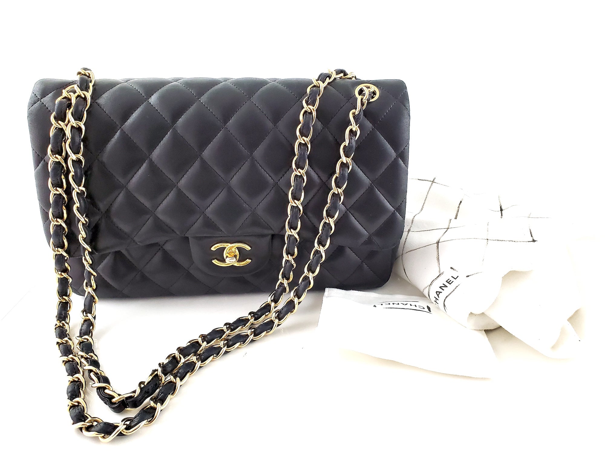 CHANEL Lambskin Quilted Gold Hardware Jumbo Classic Double Flap Bag