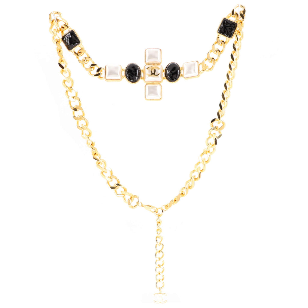 Cross Chain Belt Metal with Resin and Faux Pearls 90