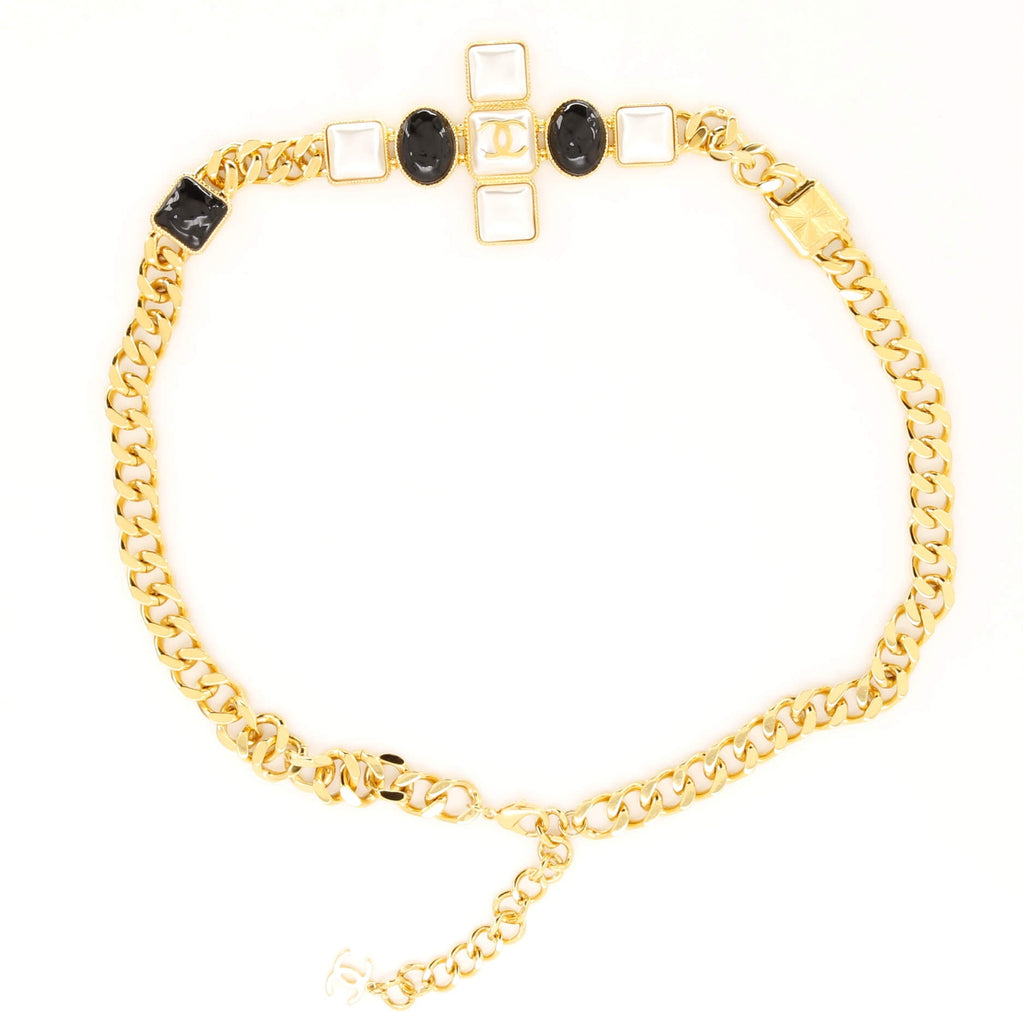 Cross Chain Belt Metal with Resin and Faux Pearls 90